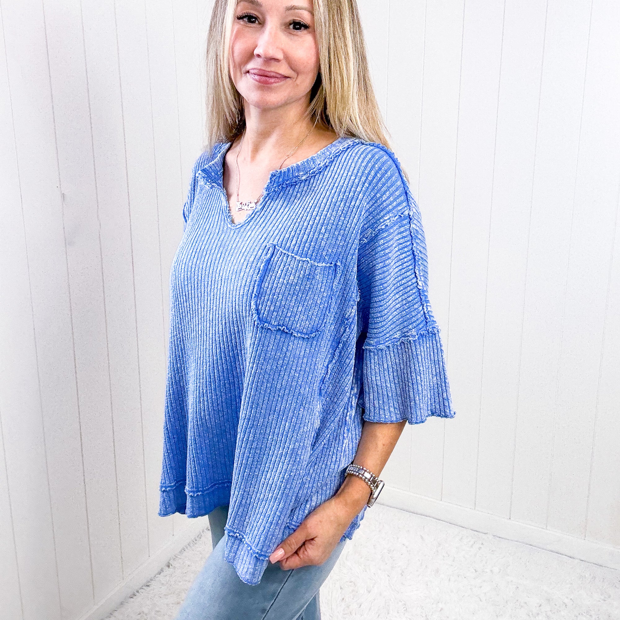Easel Peri Blue Oversized Boxy Wide Ribbed Short Sleeve Top - Boujee Boutique 