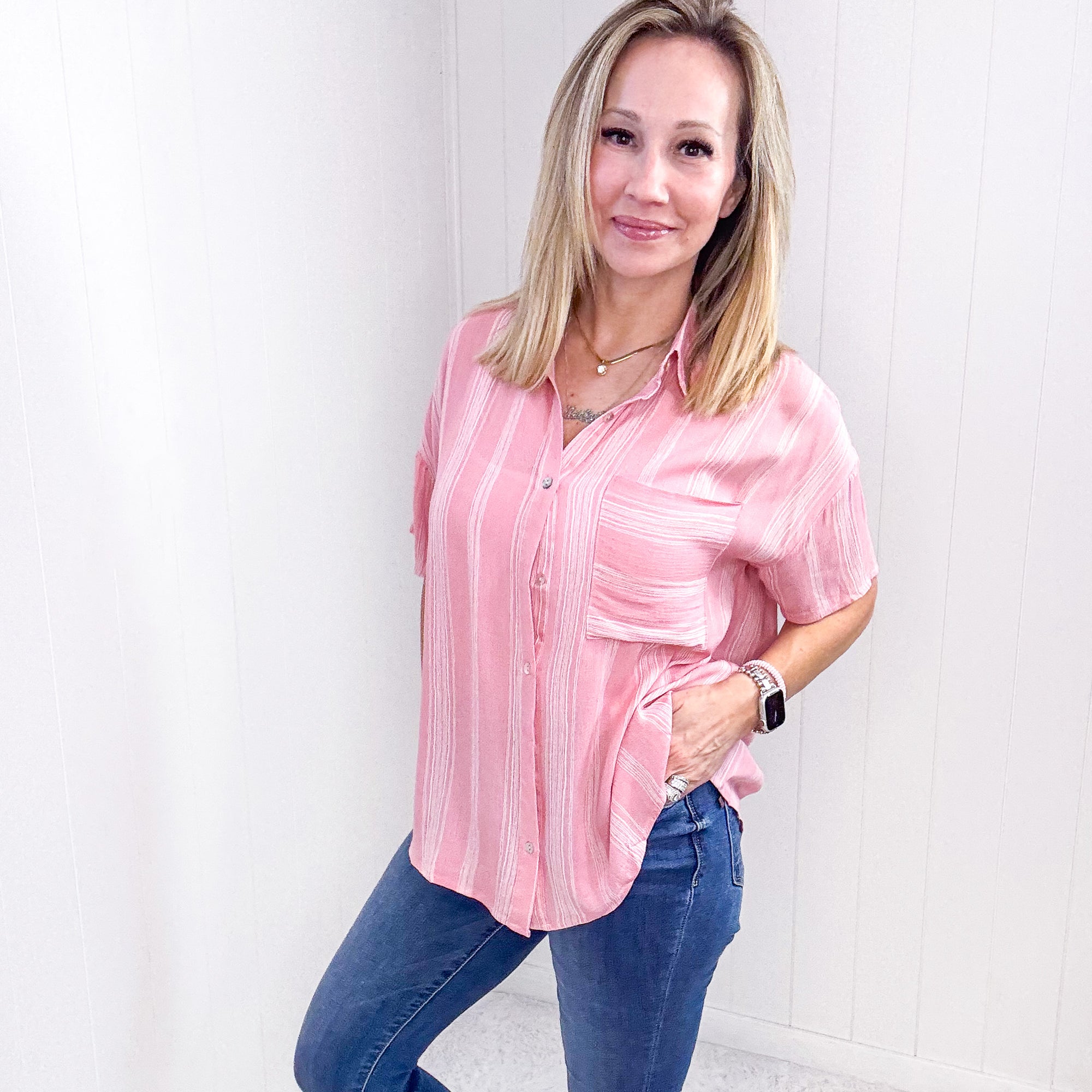 Candy Pink Striped Light Airy Button Down Blouse - Boujee Boutique 