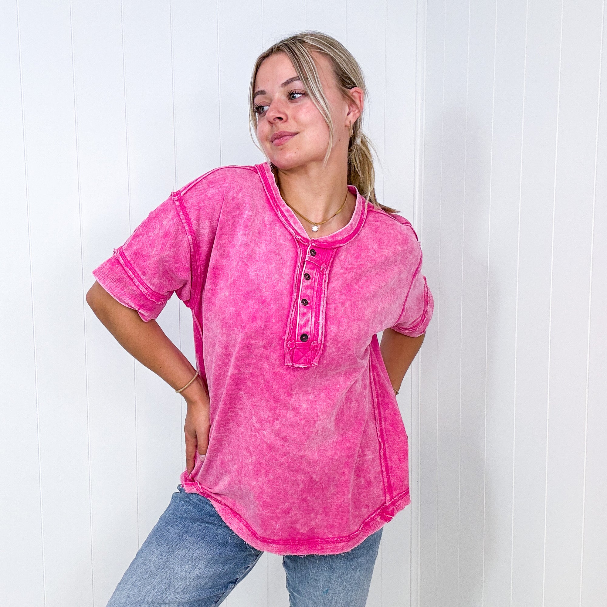 Bright Detailed Button Closure Scoop Neckline Short Sleeve Top in 7 Colors - Boujee Boutique 