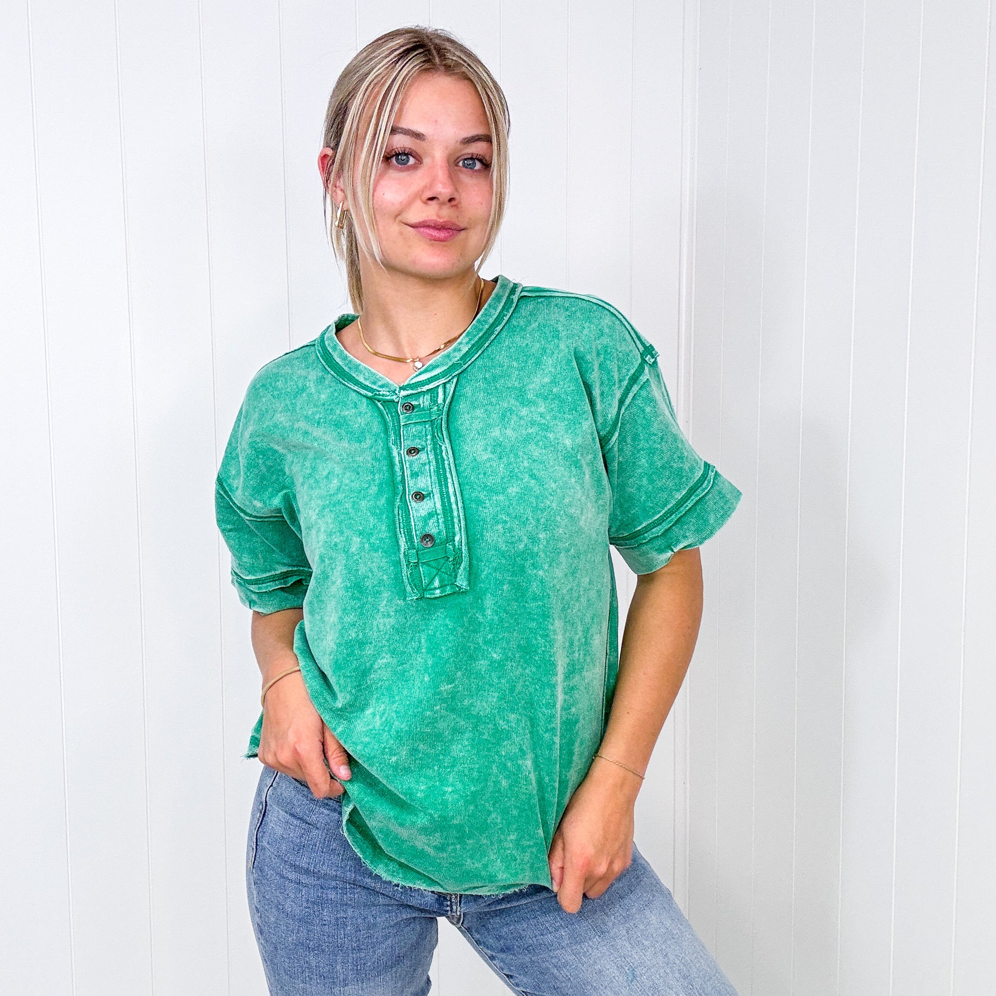 Bright Detailed Button Closure Scoop Neckline Short Sleeve Top in 7 Colors - Boujee Boutique 