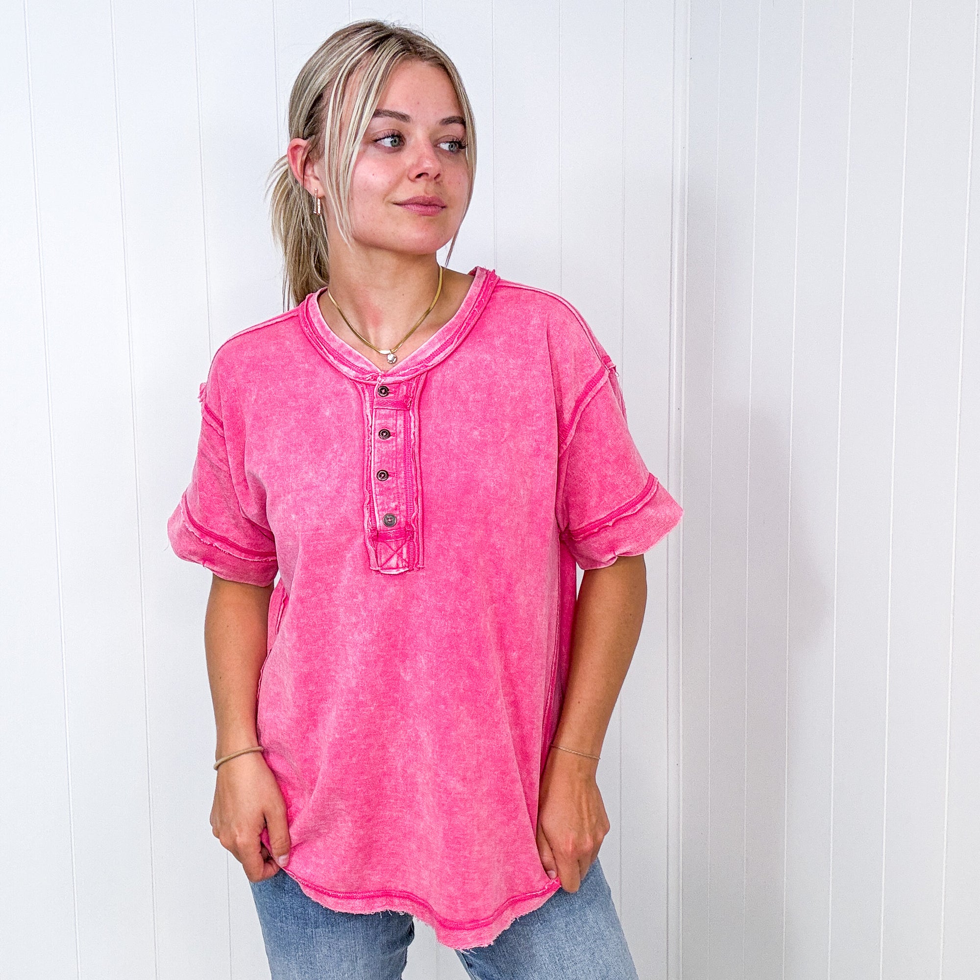 Bright Detailed Button Closure Scoop Neckline Short Sleeve Top in 7 Colors - Boujee Boutique 