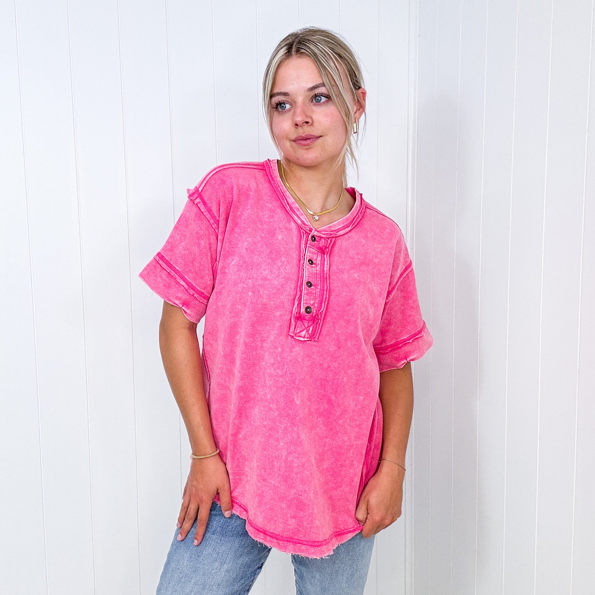 Bright Detailed Button Closure Scoop Neckline Short Sleeve Top in 7 Colors - Boujee Boutique 
