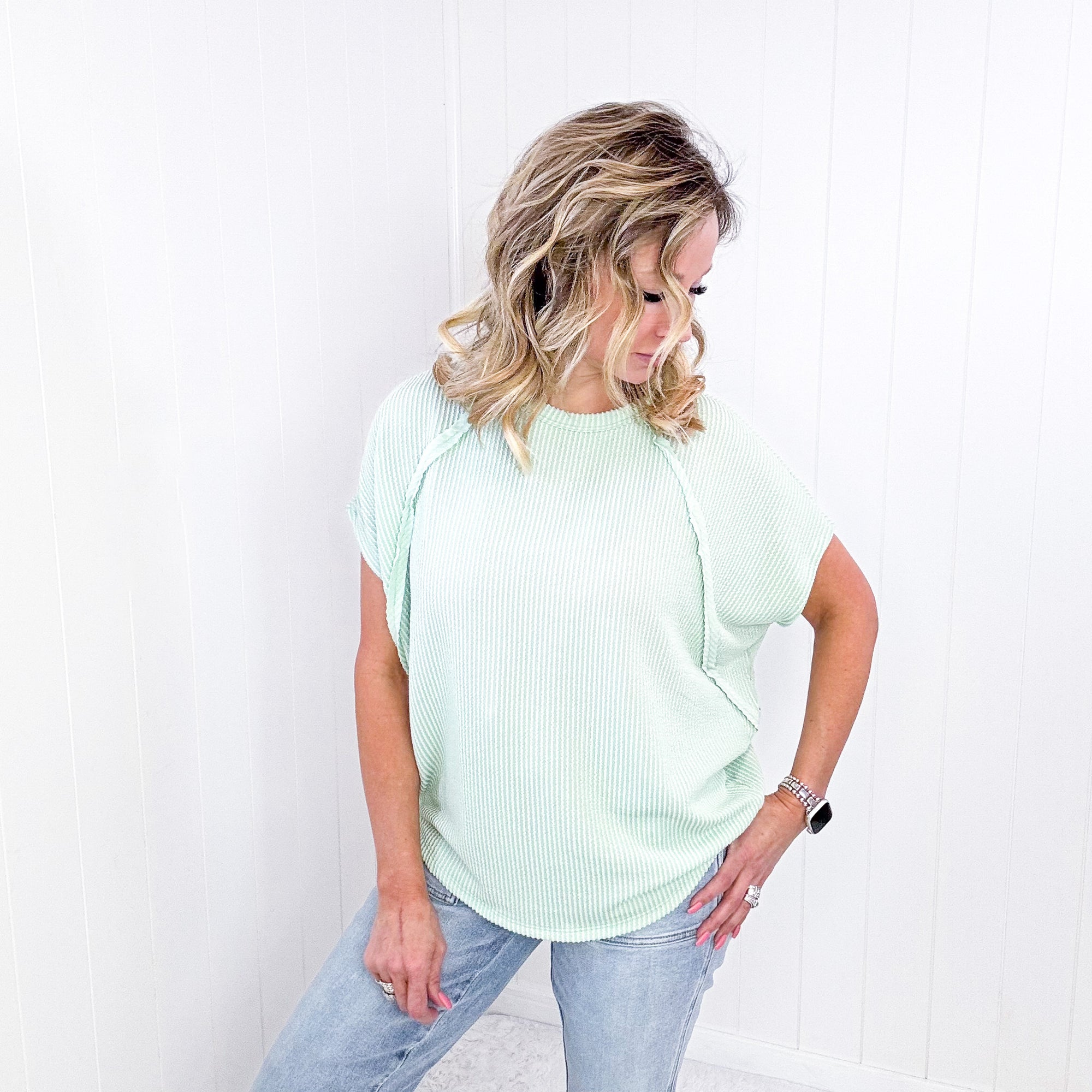 Andree Textured Line Ribbed Short Sleeve Top in 3 Colors - Boujee Boutique 