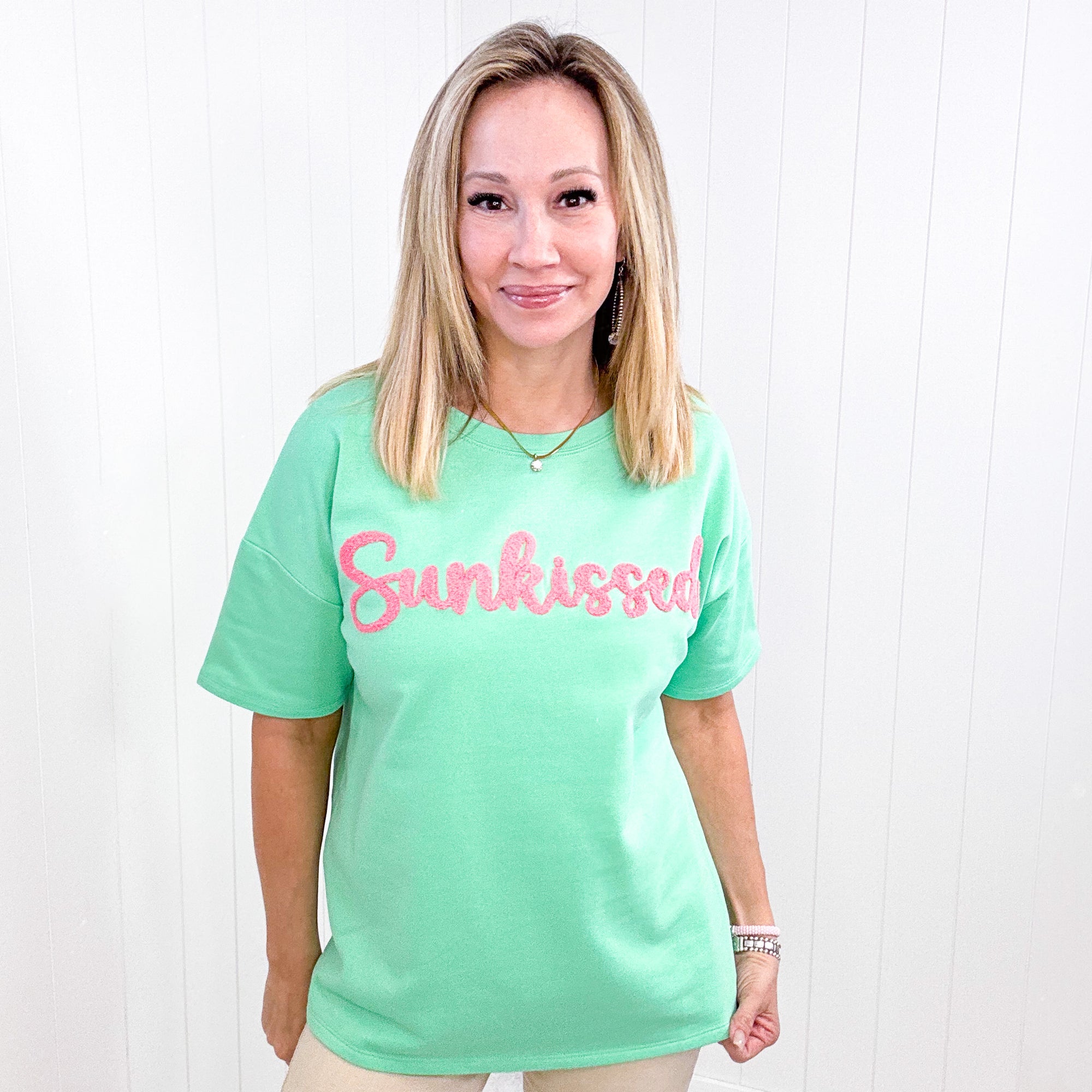 Spunky Mint Sunkissed Embroidered French Terry Short Sleeve Top - Boujee Boutique 