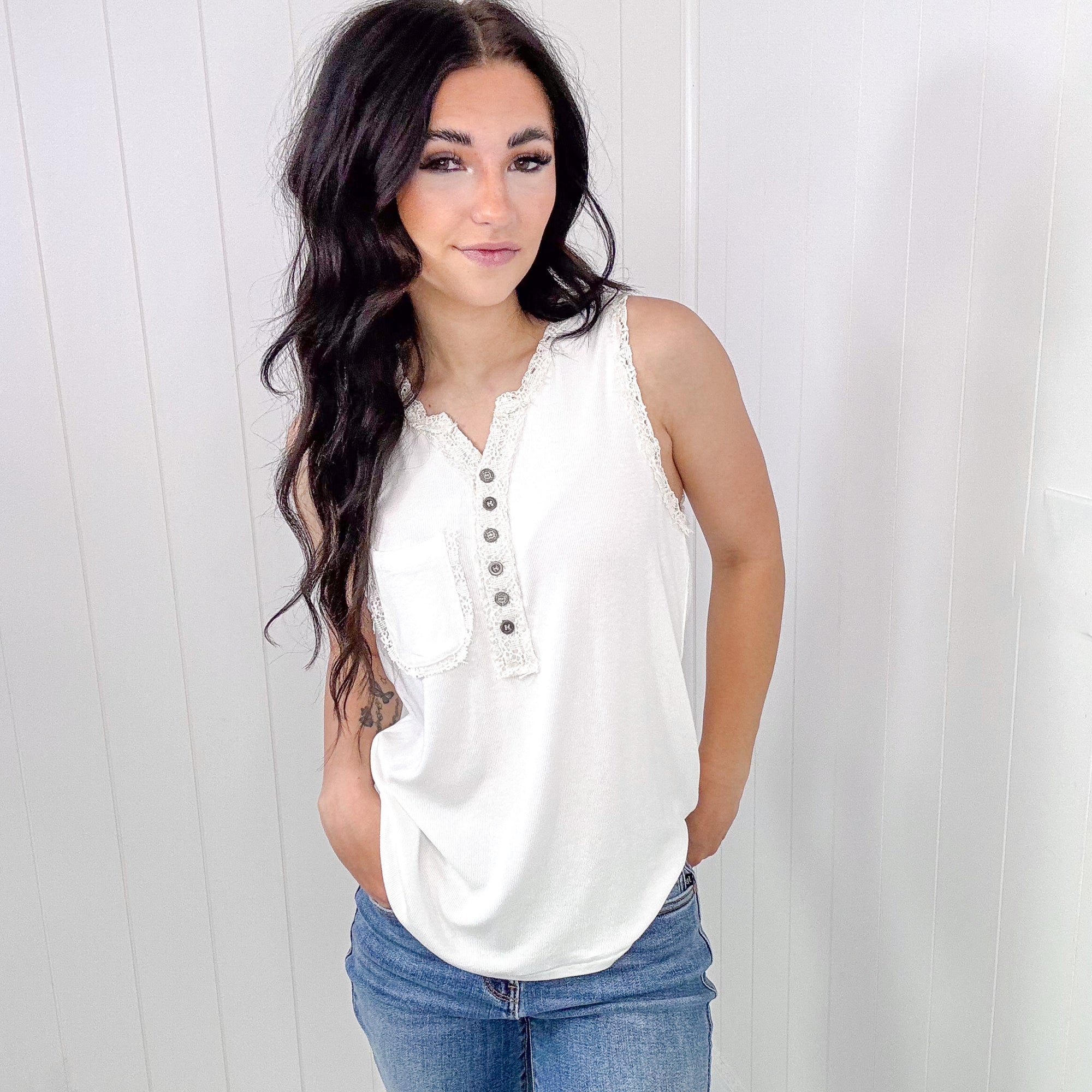 POL Lace Embroidered Trim Ribbed Tank Top in 2 Colors