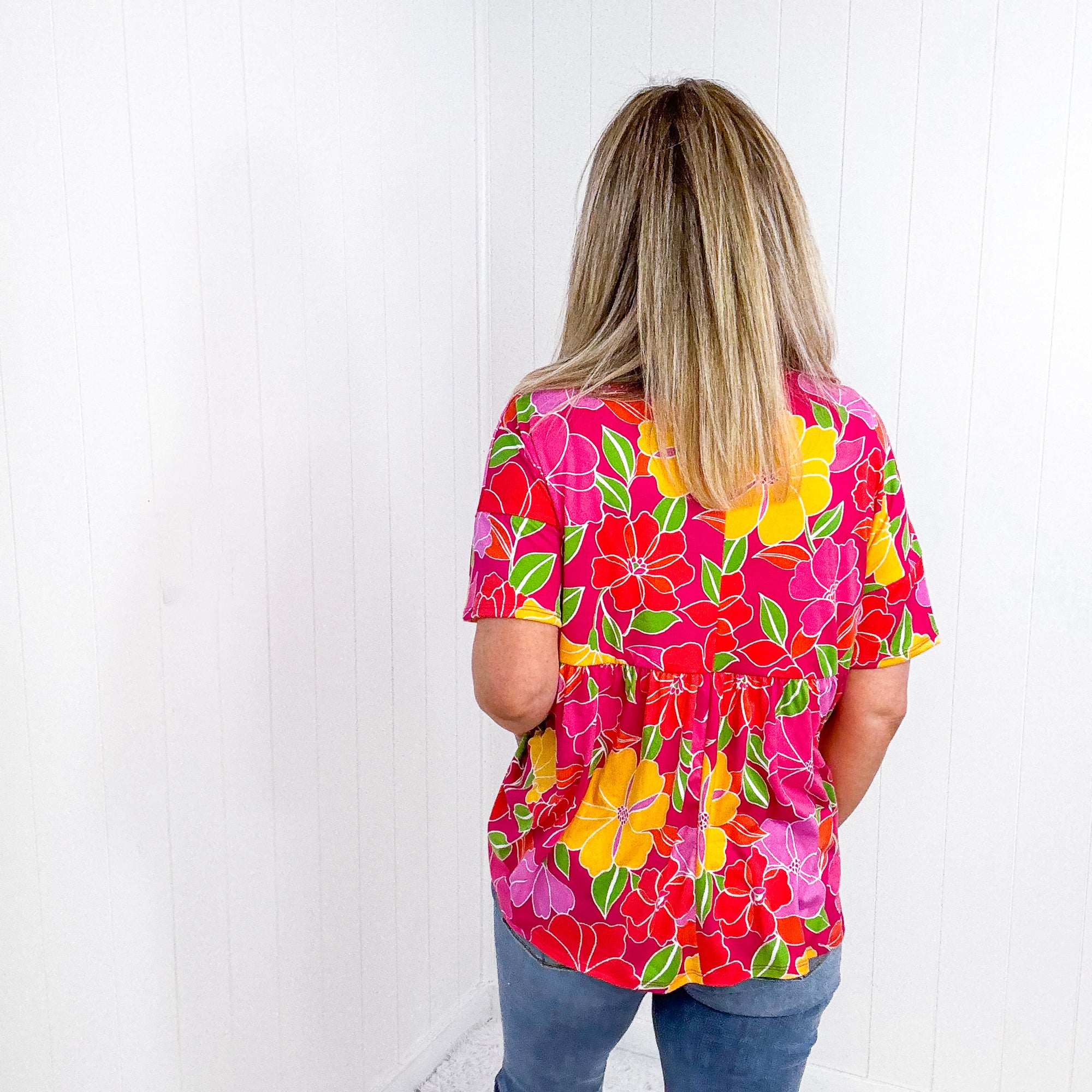 Fuchsia Floral Time For Sun Drop Shoulder Babydoll Top - Boujee Boutique 