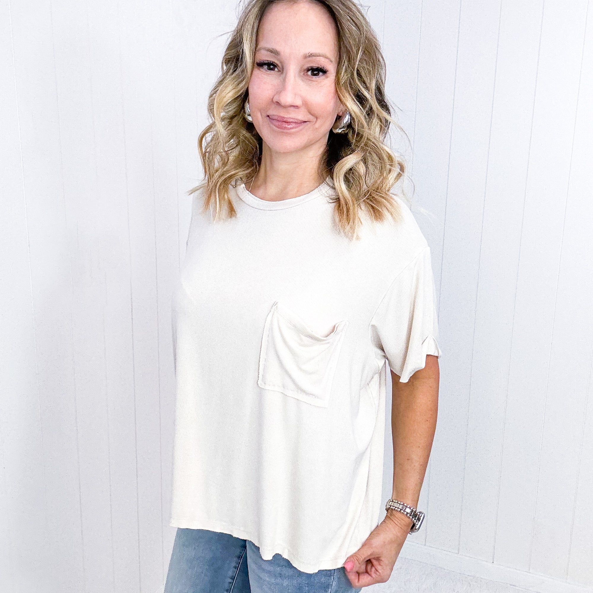 Mineral Wash Ribbed Slouchy Short Sleeve Top in Sand Beige - Boujee Boutique 