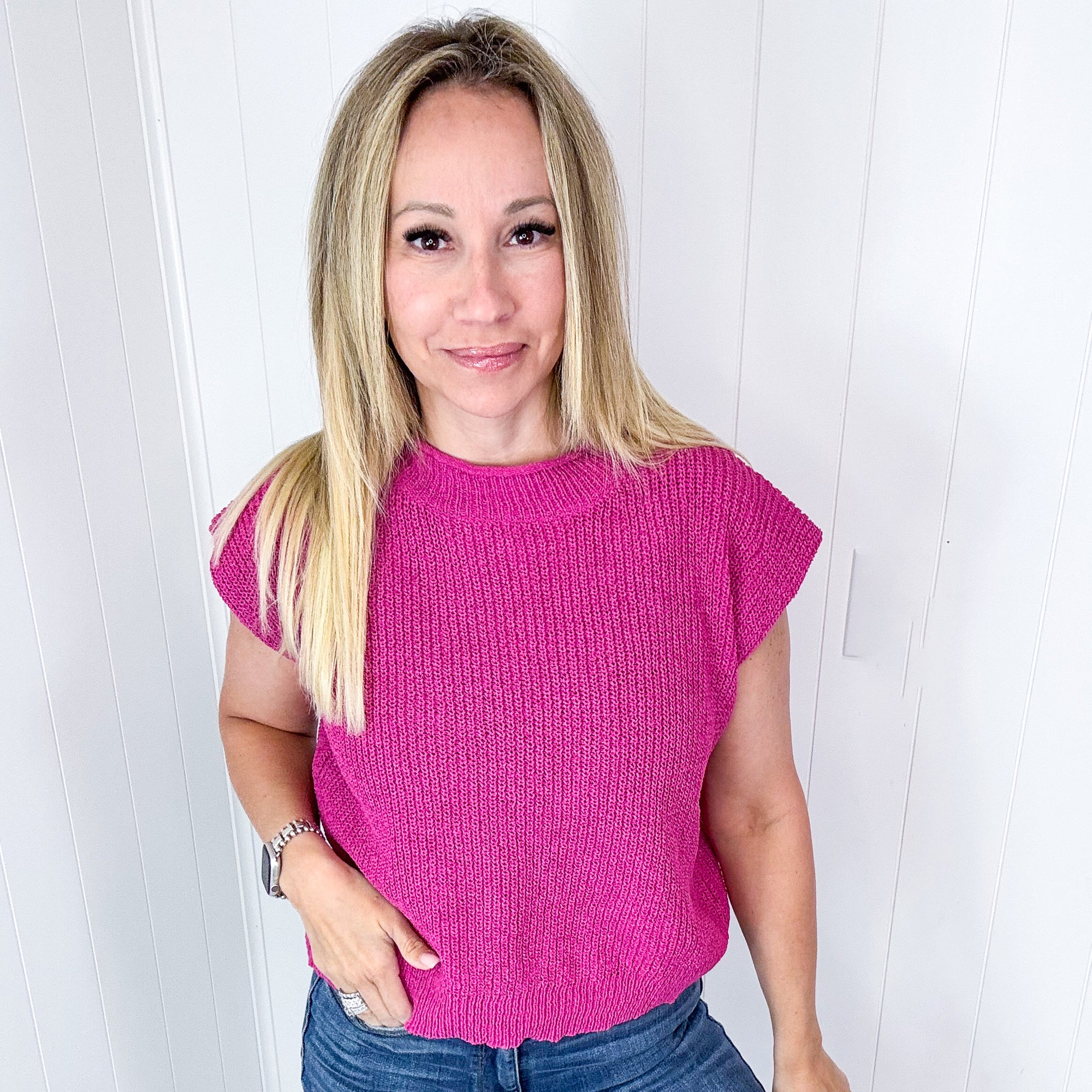 Conversation Starter Pink Cap Sleeve Sweater Knit Top - Boujee Boutique 