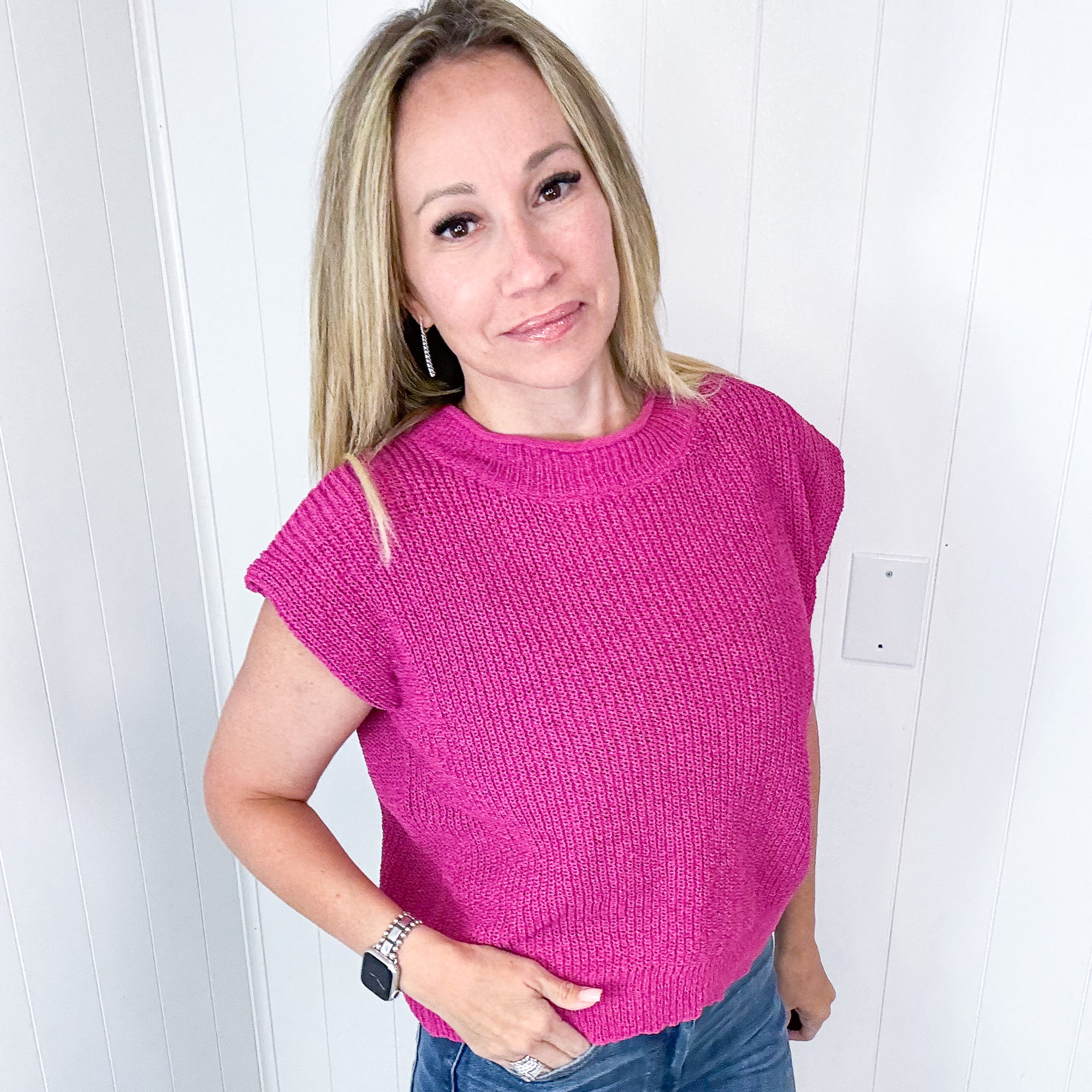 Conversation Starter Pink Cap Sleeve Sweater Knit Top - Boujee Boutique 