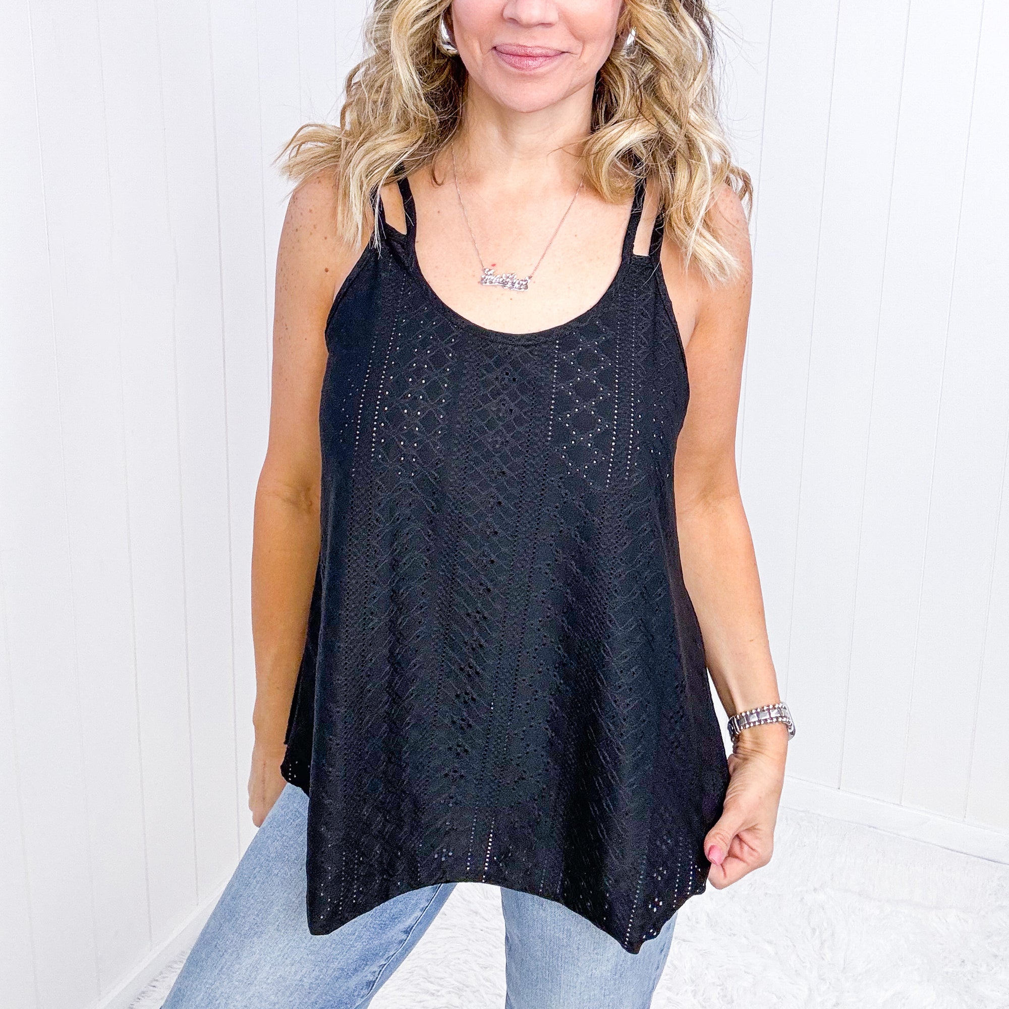 Black Eye on the Prize Eyelet Tank Top in Black - Boujee Boutique 