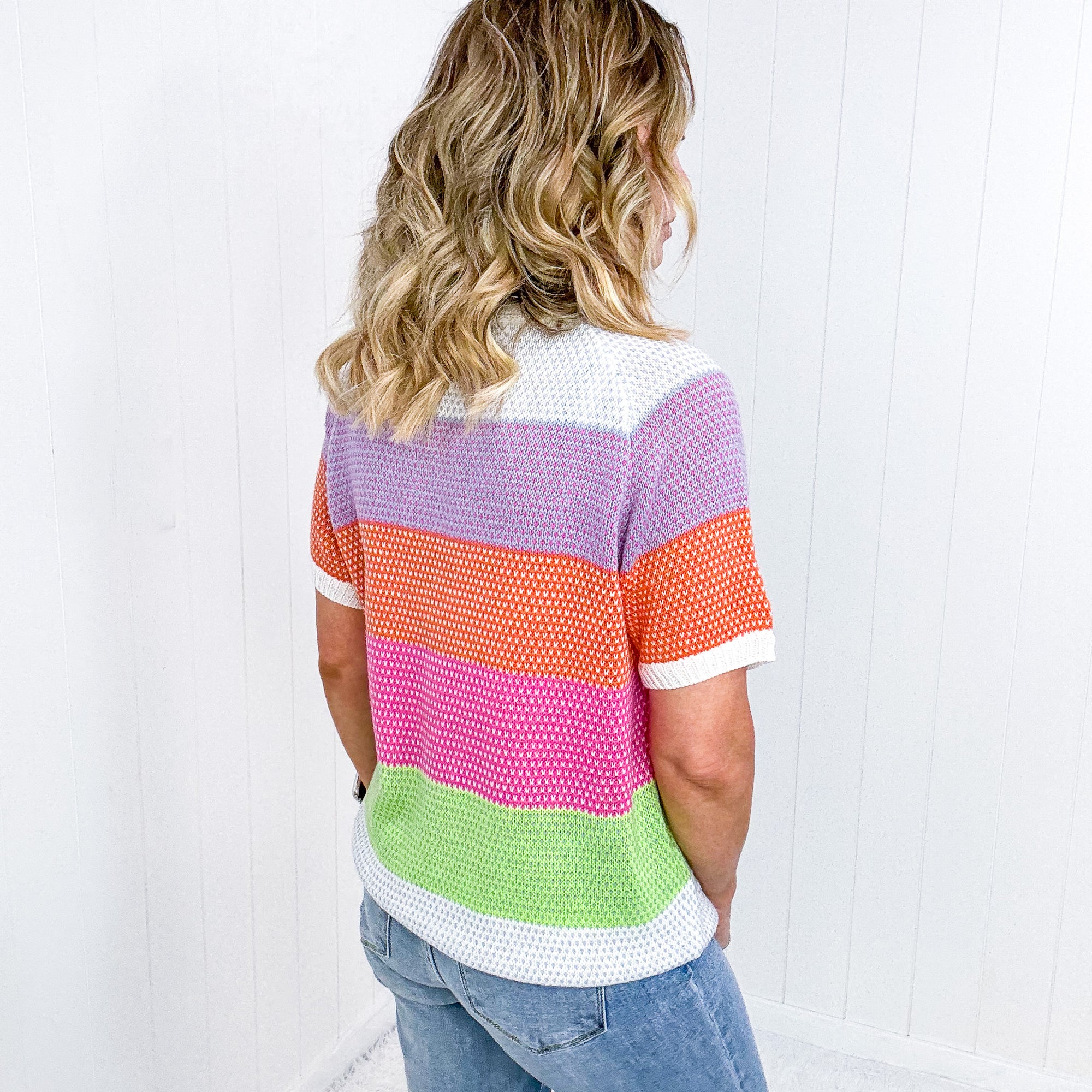 Get Started Lavender and Orange Stripe Short Sleeve Sweater Top - Boujee Boutique 