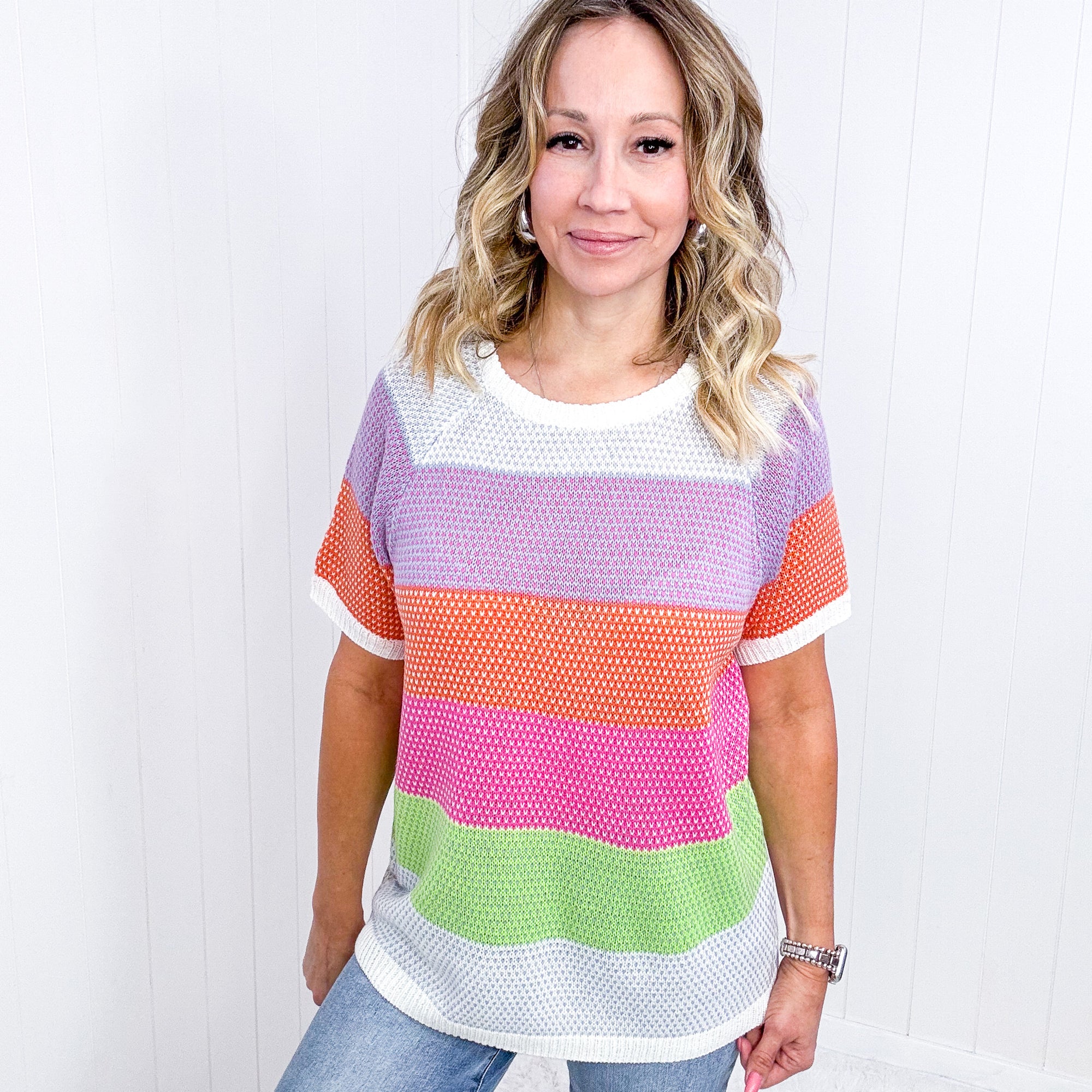 Get Started Lavender and Orange Stripe Short Sleeve Sweater Top - Boujee Boutique 