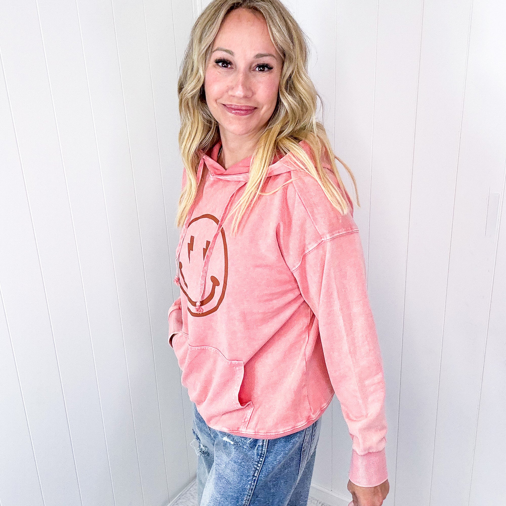 Happy Bliss Mineral Washed Long Sleeve Hoodie In 4 Options - Boujee Boutique 