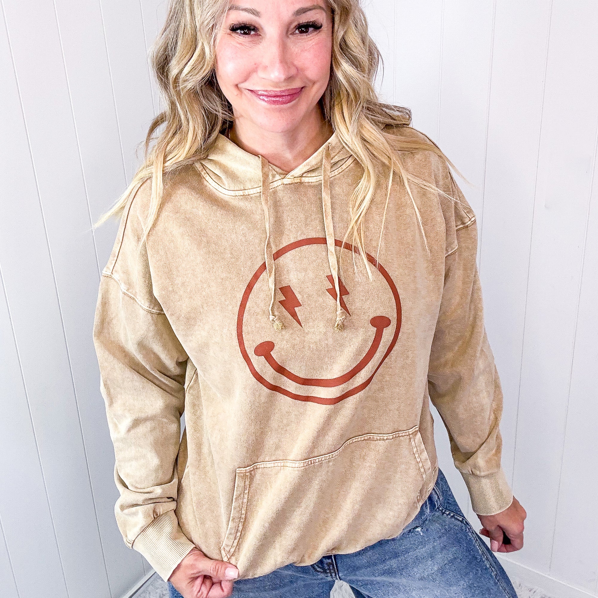 Happy Bliss Mineral Washed Long Sleeve Hoodie In 4 Options - Boujee Boutique 