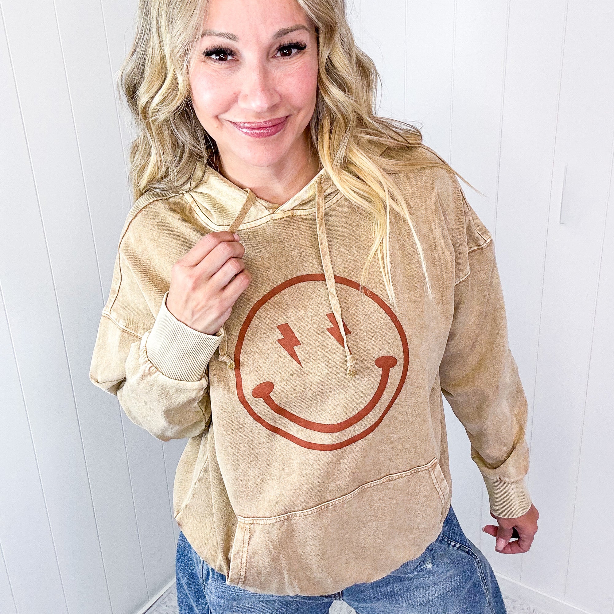 Happy Bliss Mineral Washed Long Sleeve Hoodie In 4 Options - Boujee Boutique 