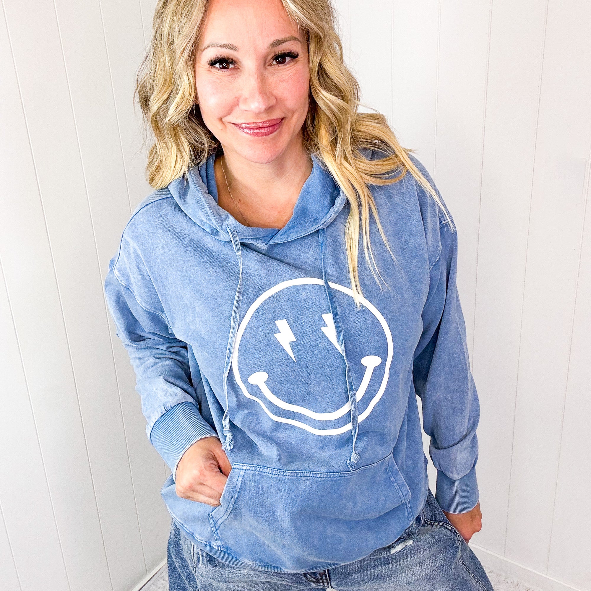 Happy Bliss Mineral Washed Long Sleeve Hoodie In 4 Options - Boujee Boutique 