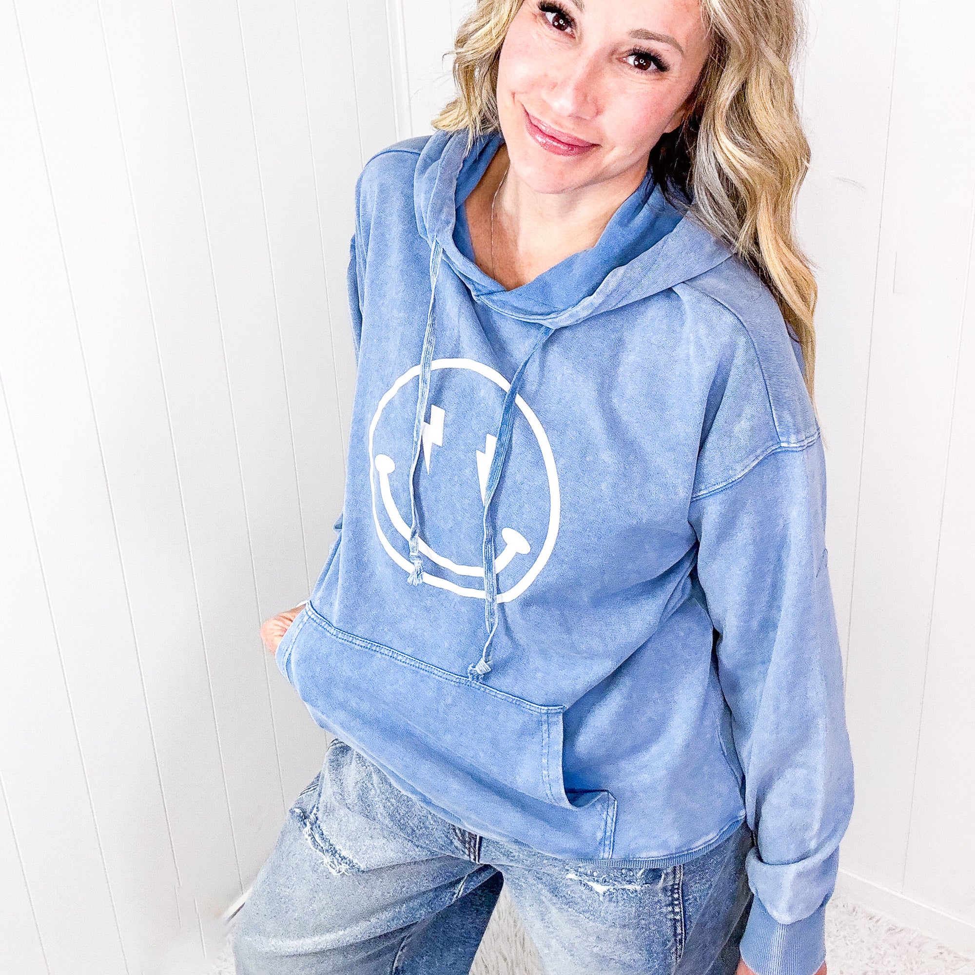 Happy Bliss Mineral Washed Long Sleeve Hoodie In 4 Options - Boujee Boutique 