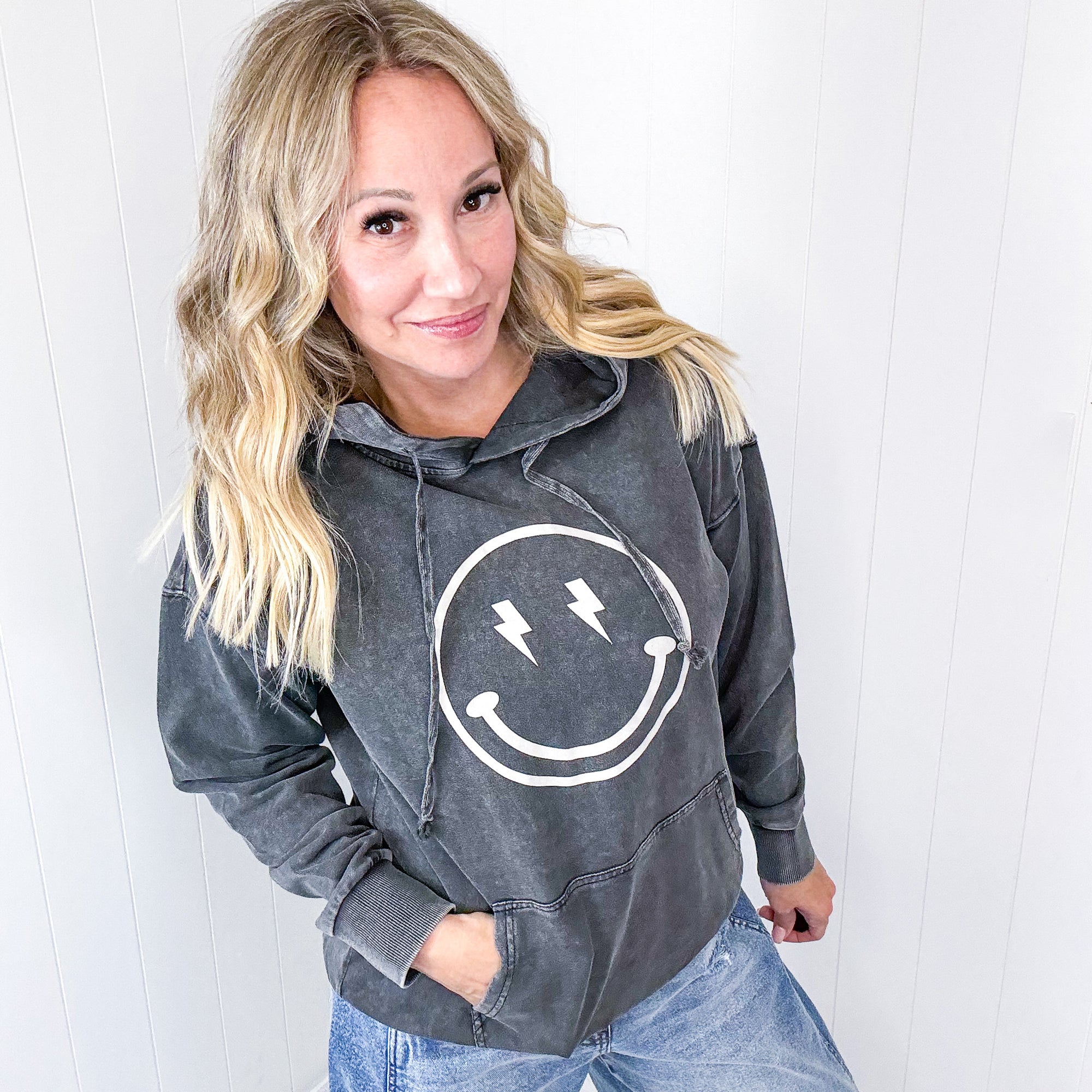 Happy Bliss Mineral Washed Long Sleeve Hoodie In 4 Options - Boujee Boutique 