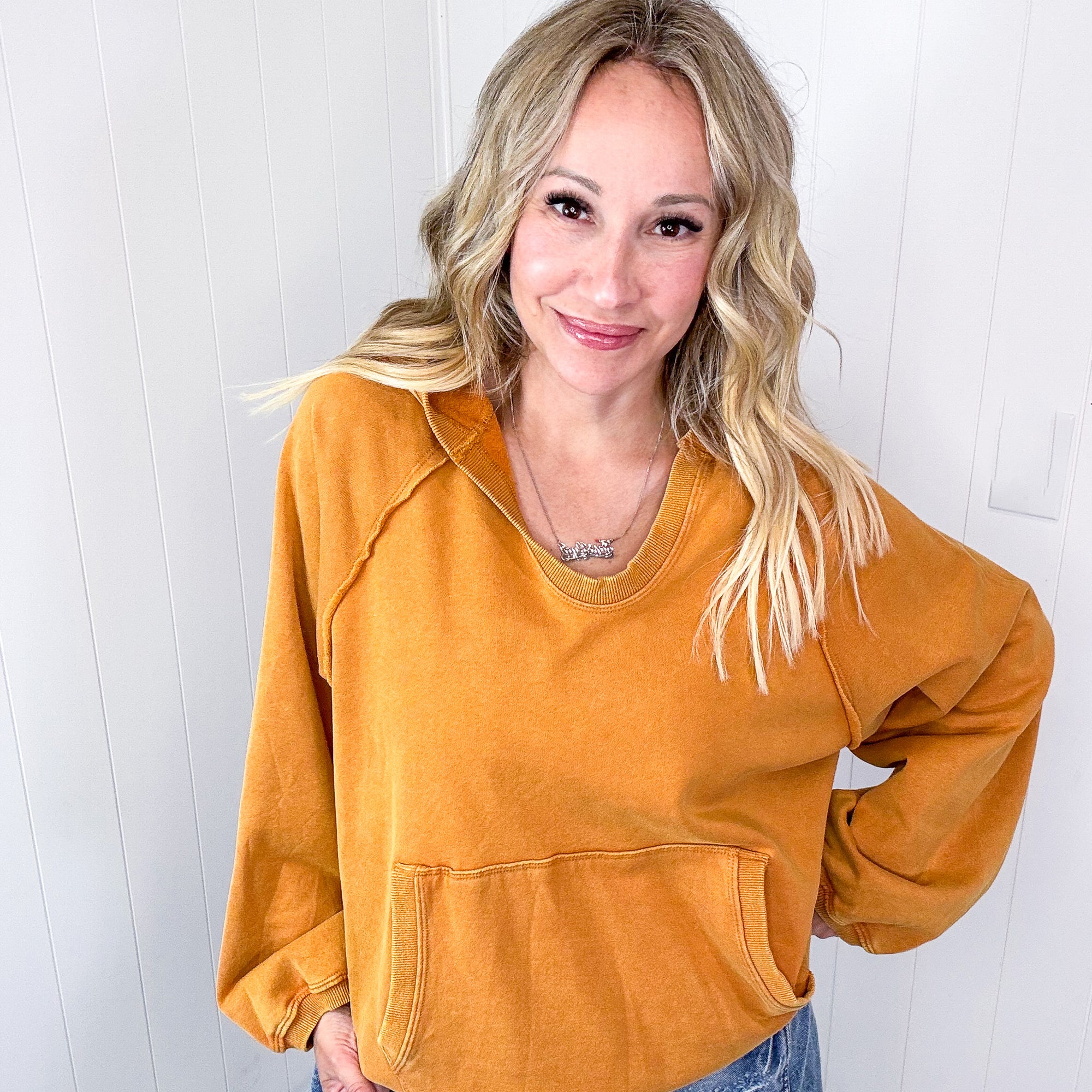 Street Chic Open V Neckline Terry Pullover Hoodie in 3 Options - Boujee Boutique 