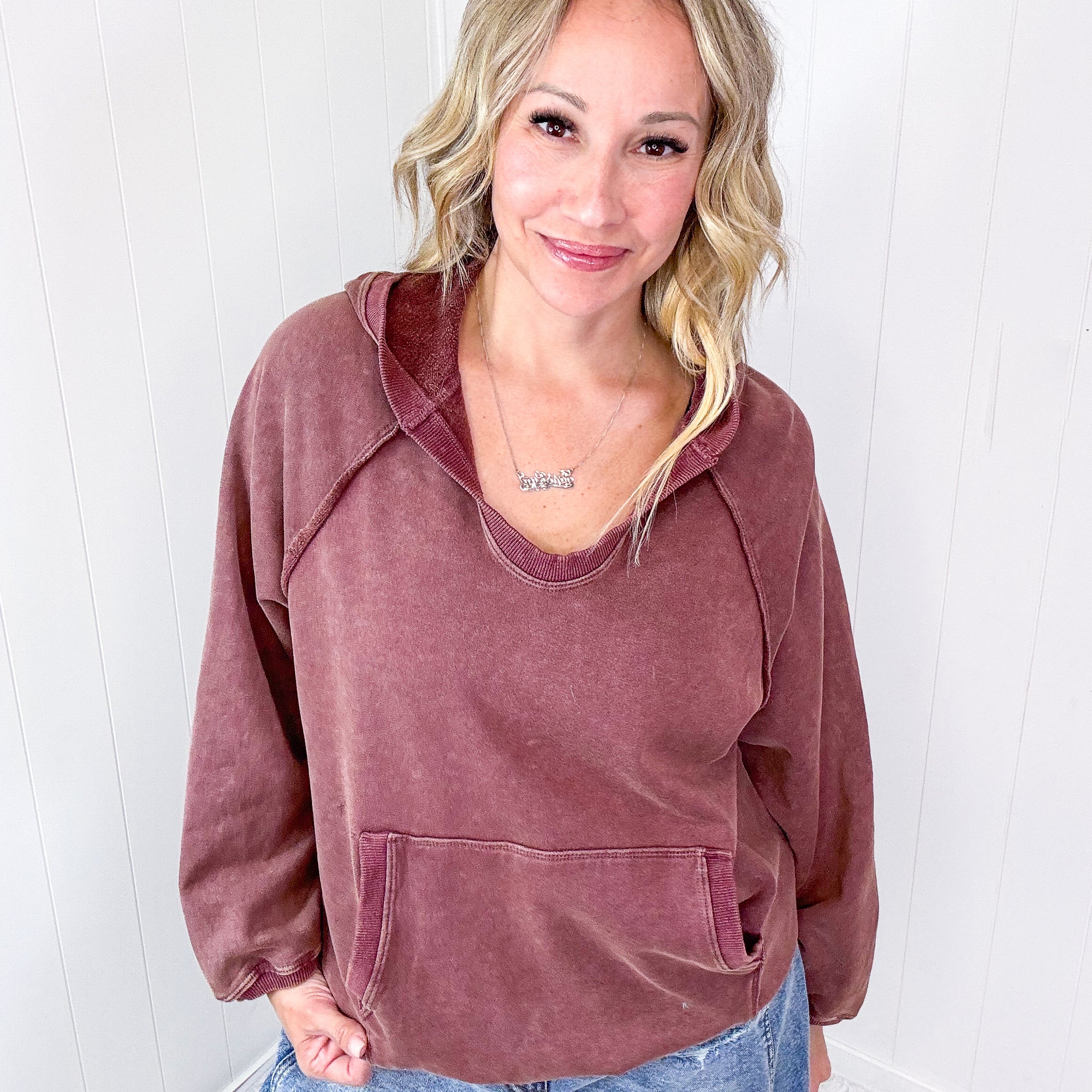 Street Chic Open V Neckline Terry Pullover Hoodie in 3 Options - Boujee Boutique 