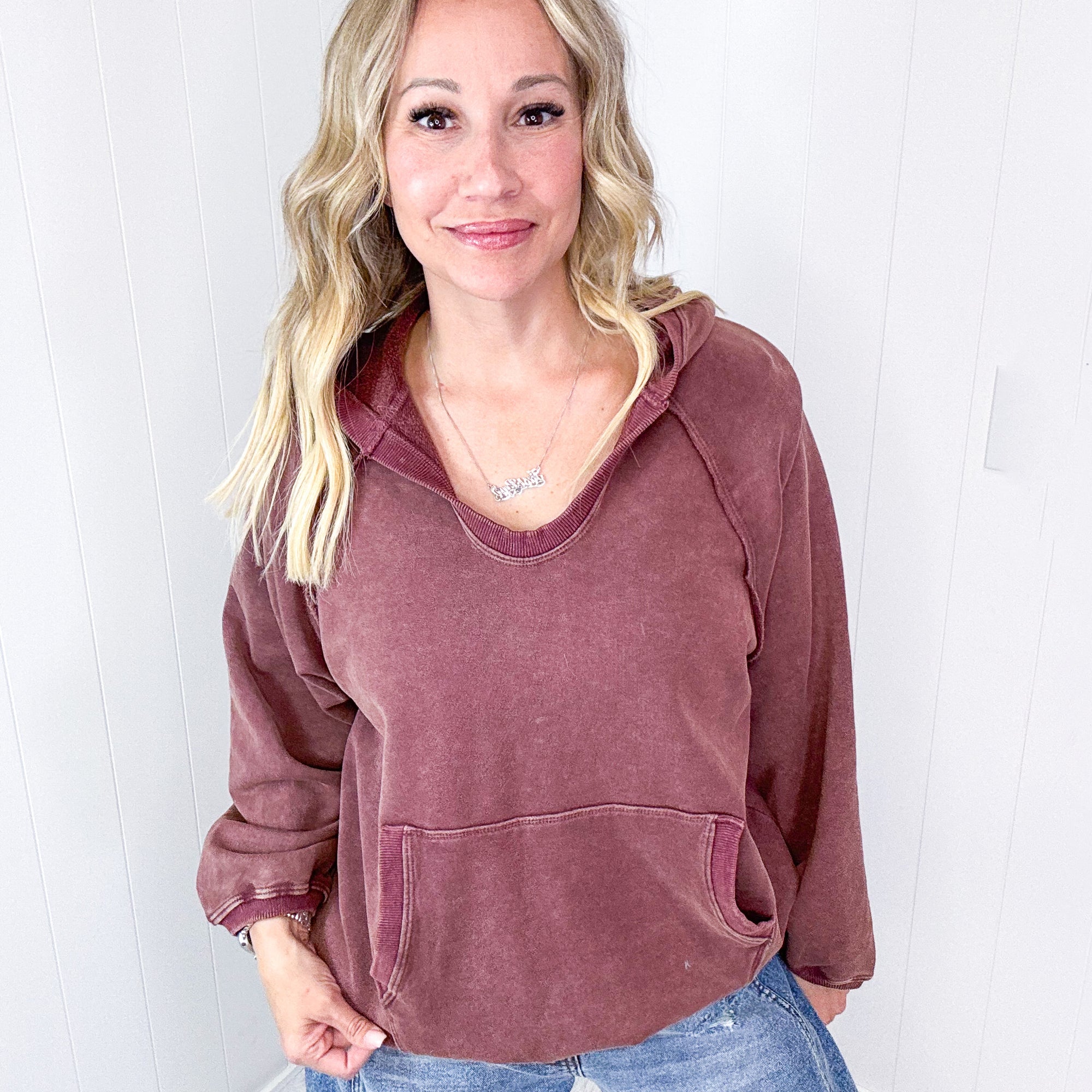 Street Chic Open V Neckline Terry Pullover Hoodie in 3 Options - Boujee Boutique 