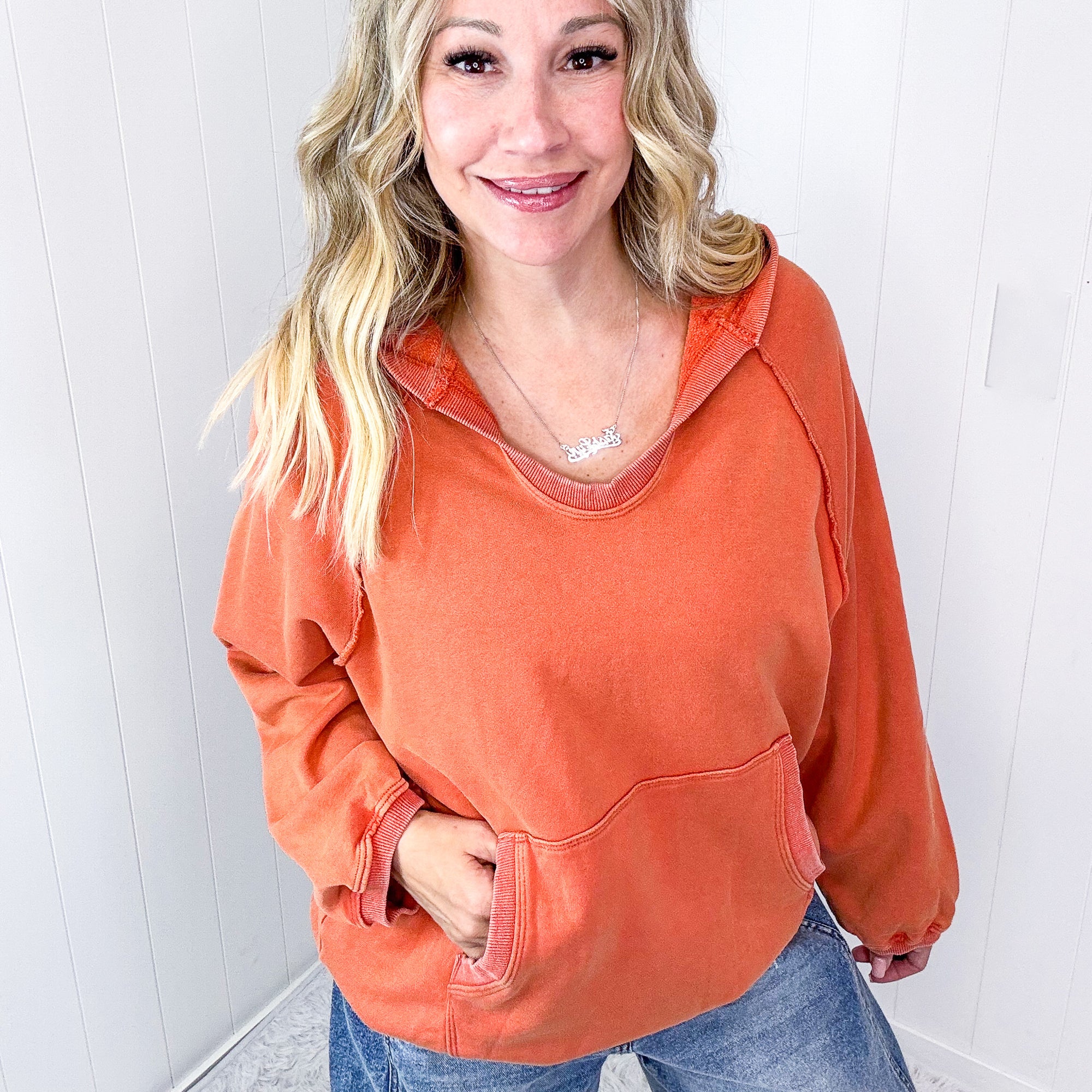 Street Chic Open V Neckline Terry Pullover Hoodie in 3 Options - Boujee Boutique 