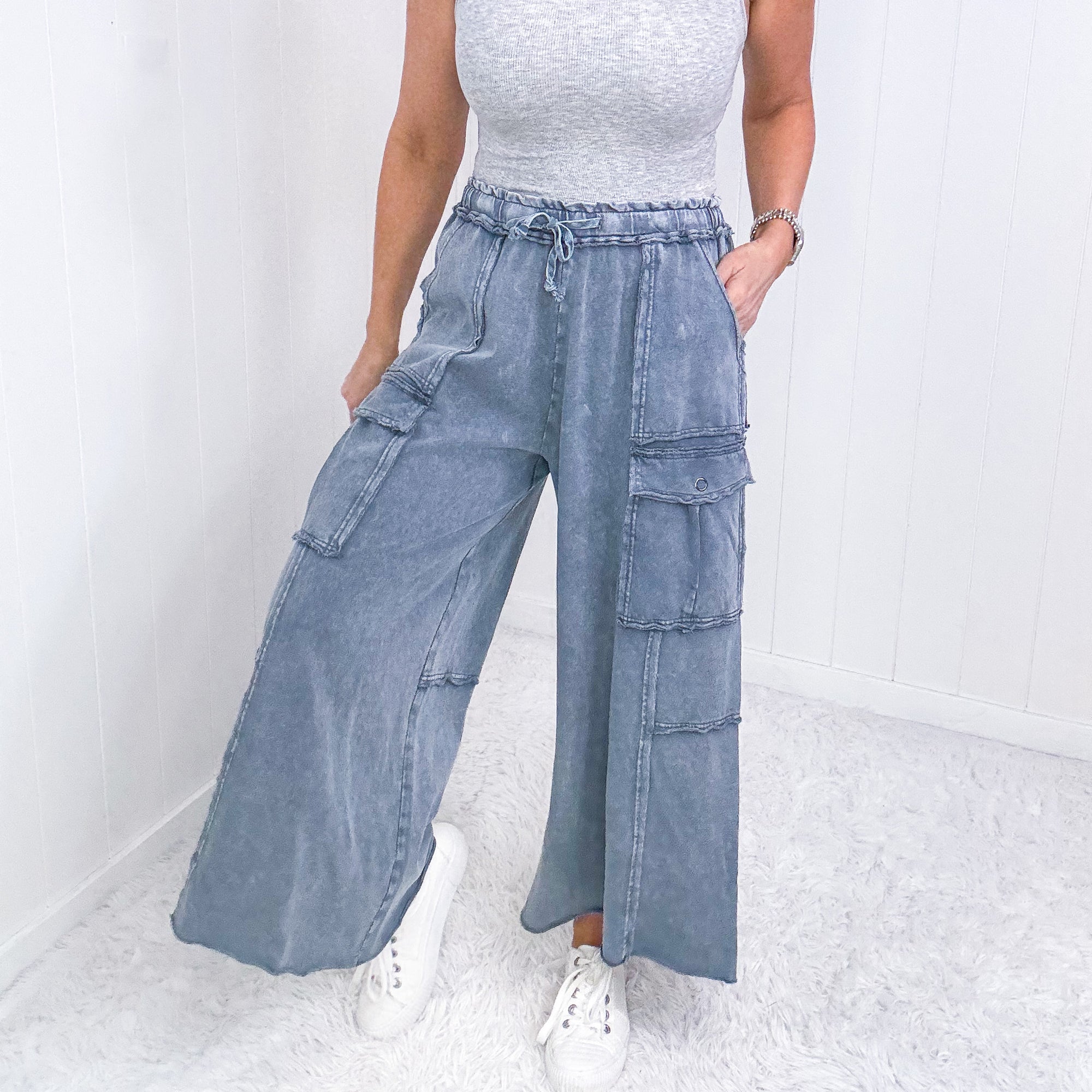 Feeling Good Cropped Relaxed Mineral Washed Wide Leg Cargo Pants - Boujee Boutique 