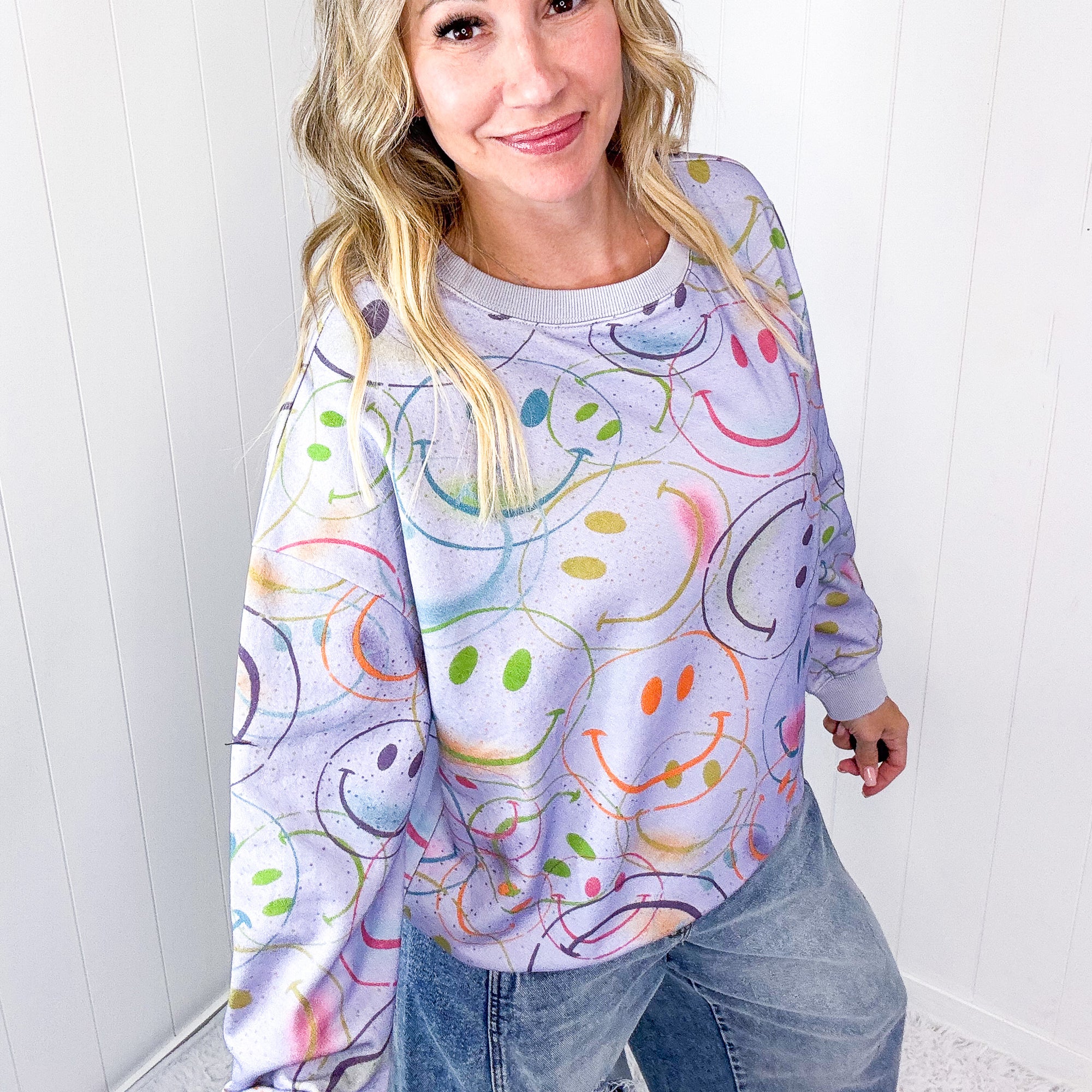 Happy Splendor Mineral Washed Terry Long Sleeve Pullover In Washed Lilac - Boujee Boutique 