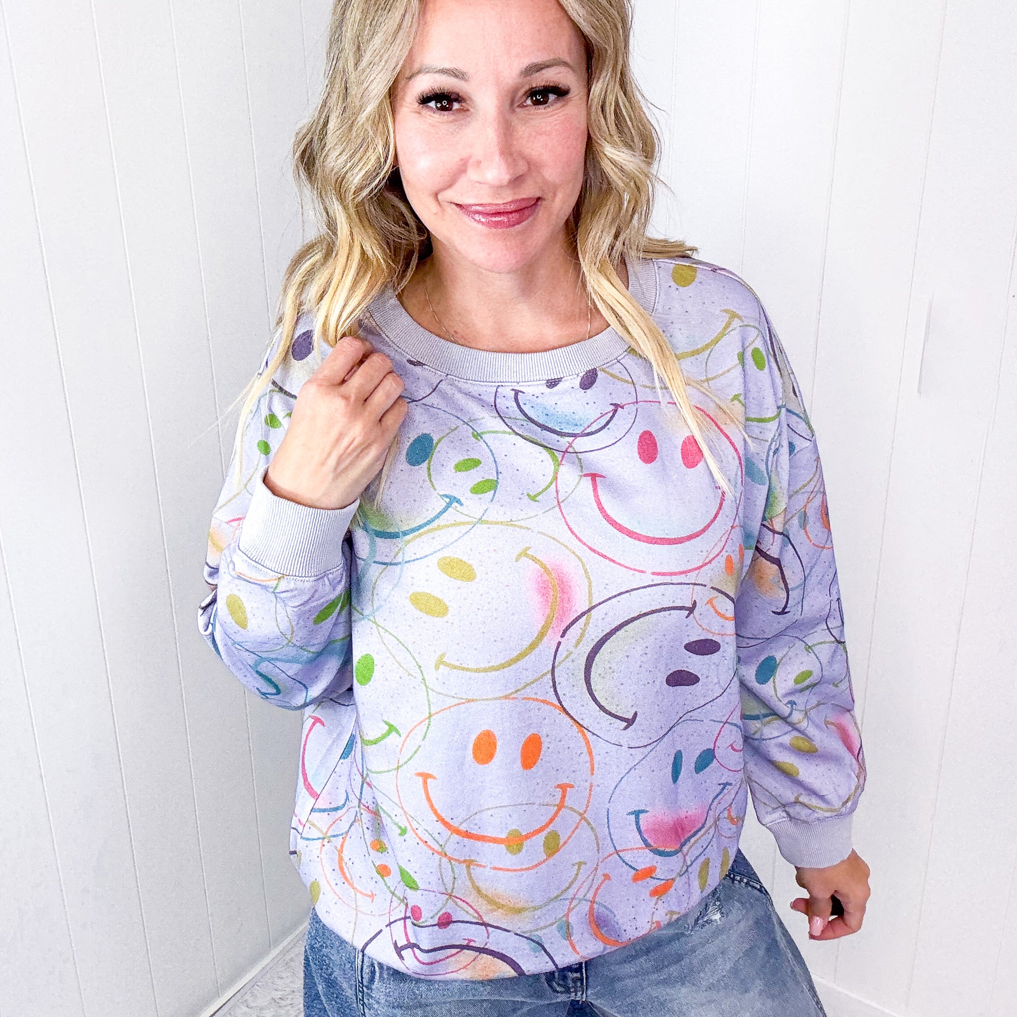 Happy Splendor Mineral Washed Terry Long Sleeve Pullover In Washed Lilac - Boujee Boutique 