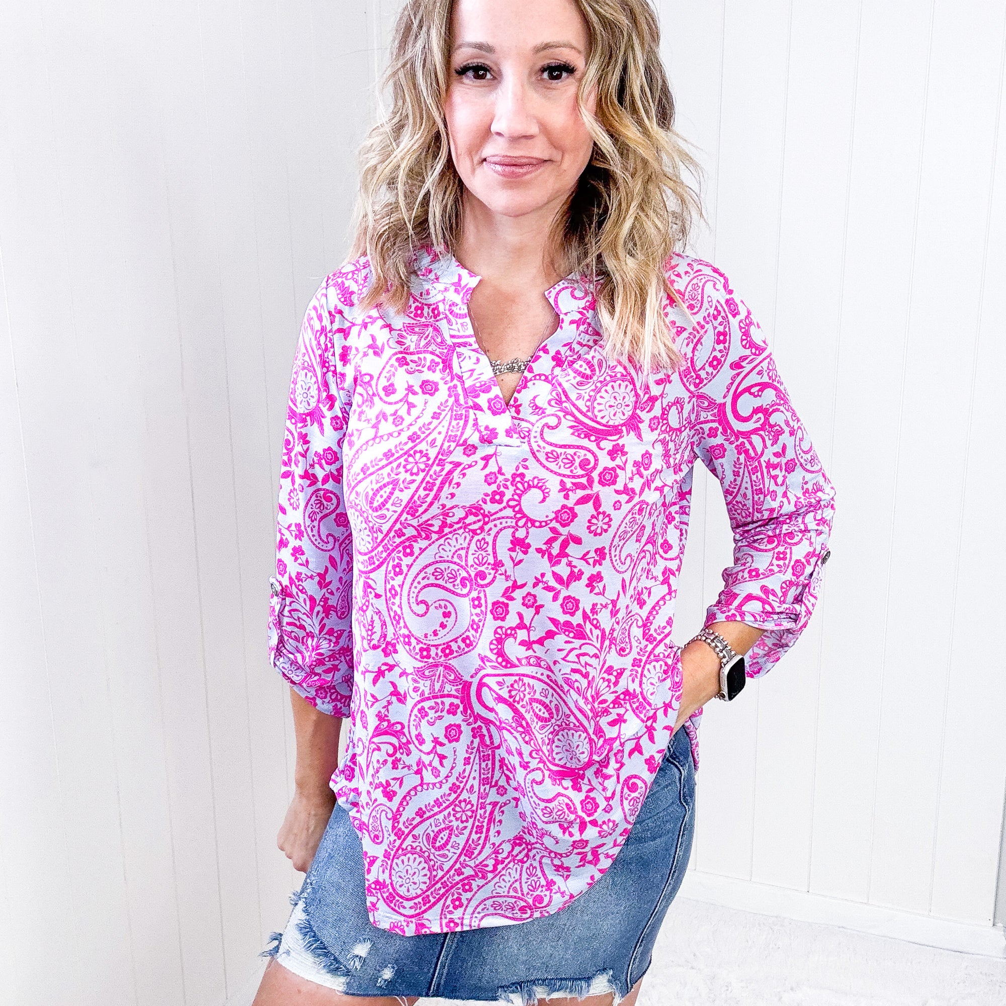 Dear Scarlett Lizzy Top in Blue and Pink Paisley - Boujee Boutique 