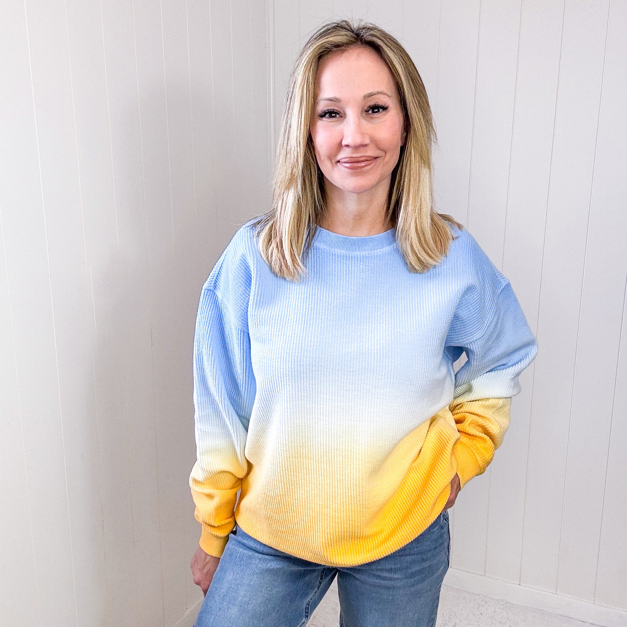 Summer Sunset Blue and Yellow Ombre Luxe Soft Corded Pullover - Boujee Boutique 