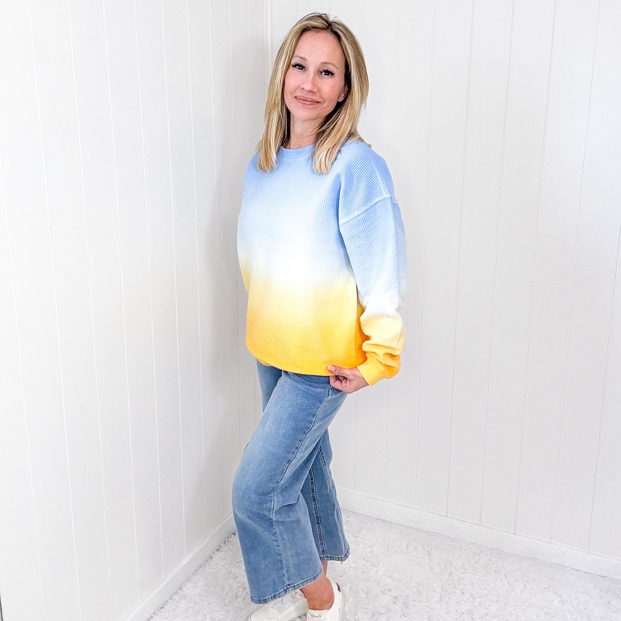 Summer Sunset Blue and Yellow Ombre Luxe Soft Corded Pullover - Boujee Boutique 