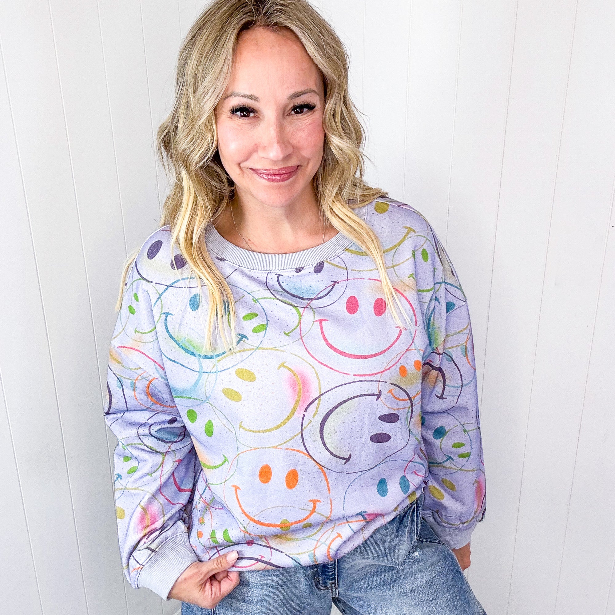 Happy Splendor Mineral Washed Terry Long Sleeve Pullover In Washed Lilac - Boujee Boutique 