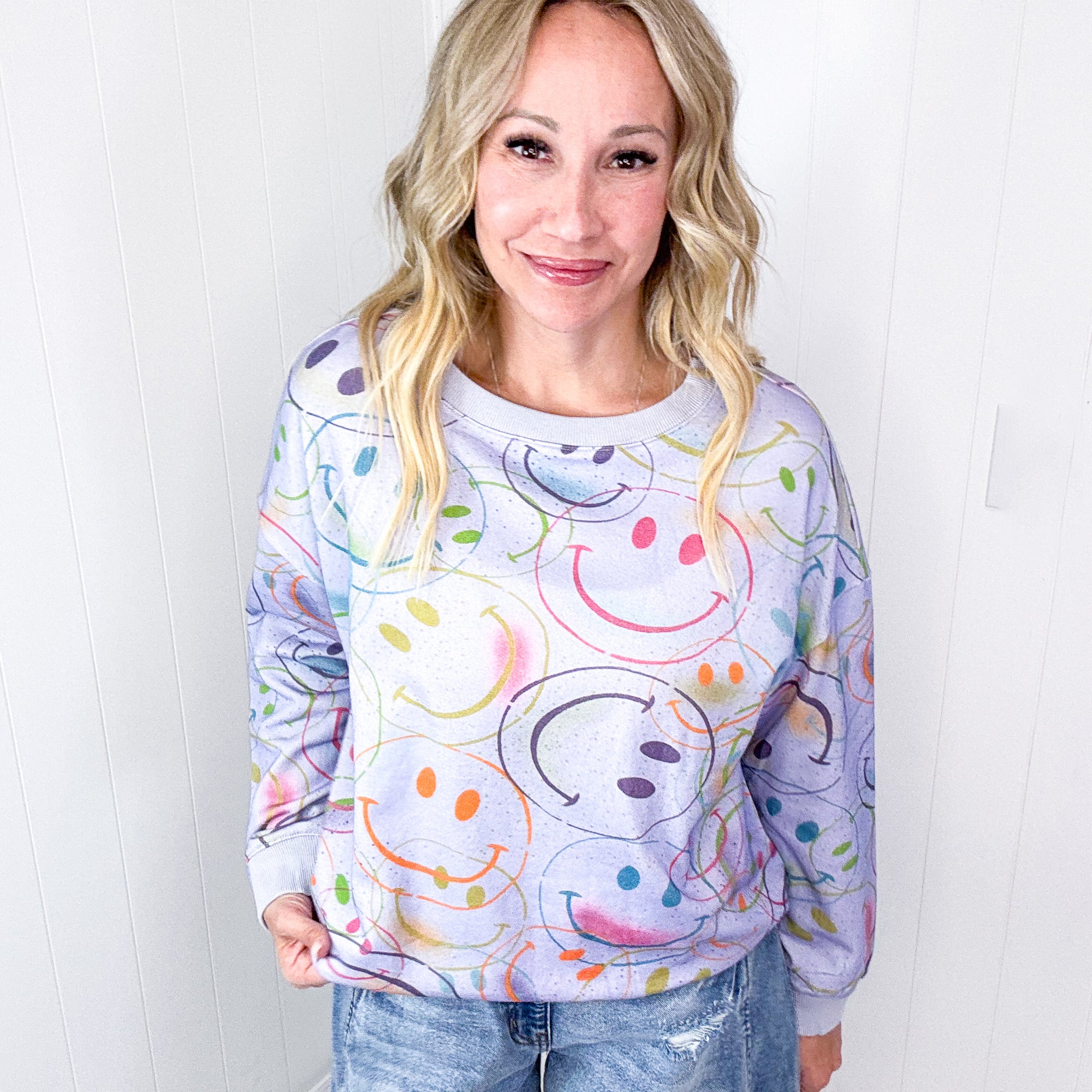 Happy Splendor Mineral Washed Terry Long Sleeve Pullover In Washed Lilac - Boujee Boutique 