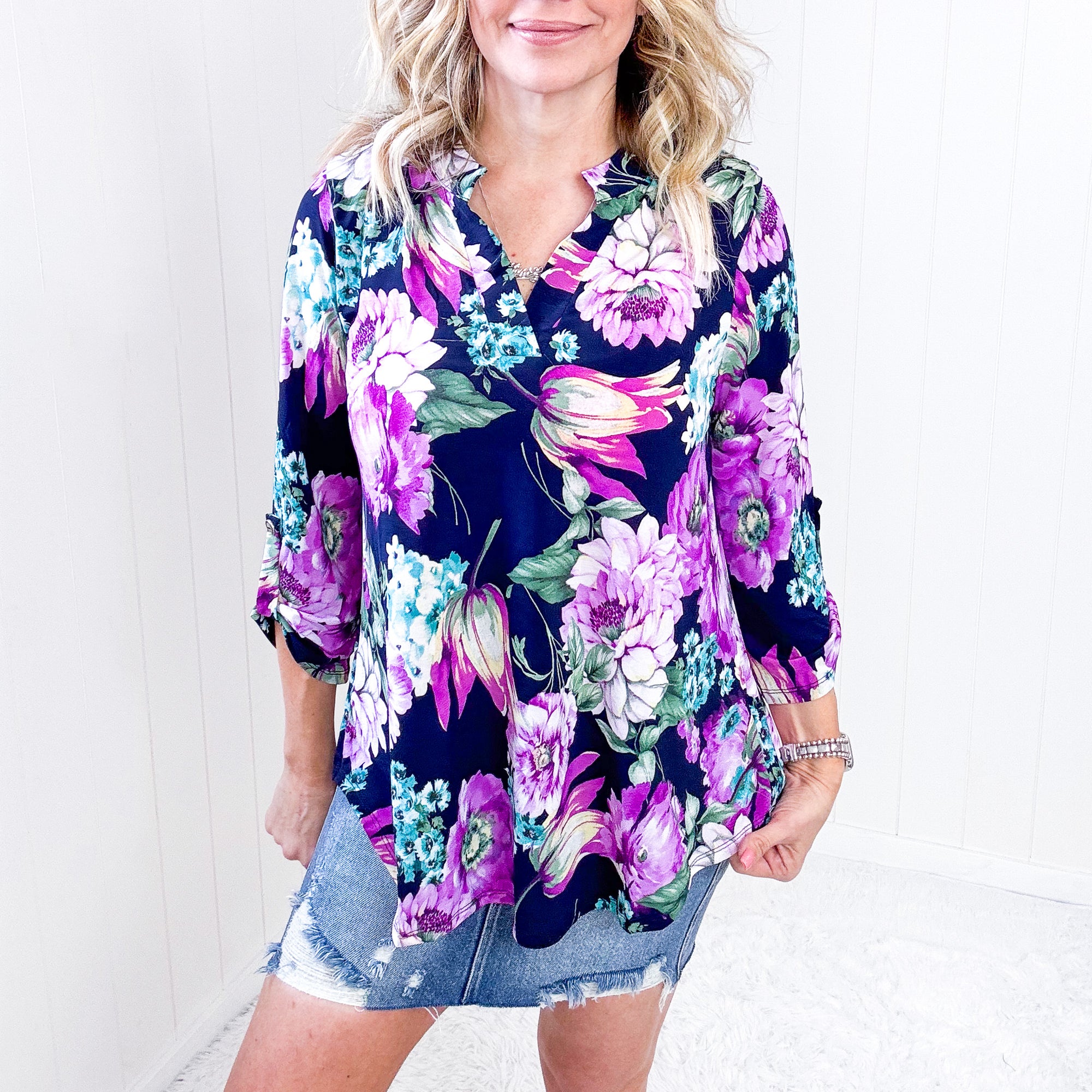 Dear Scarlett Lizzy Top in Navy and Purple Floral - Boujee Boutique 