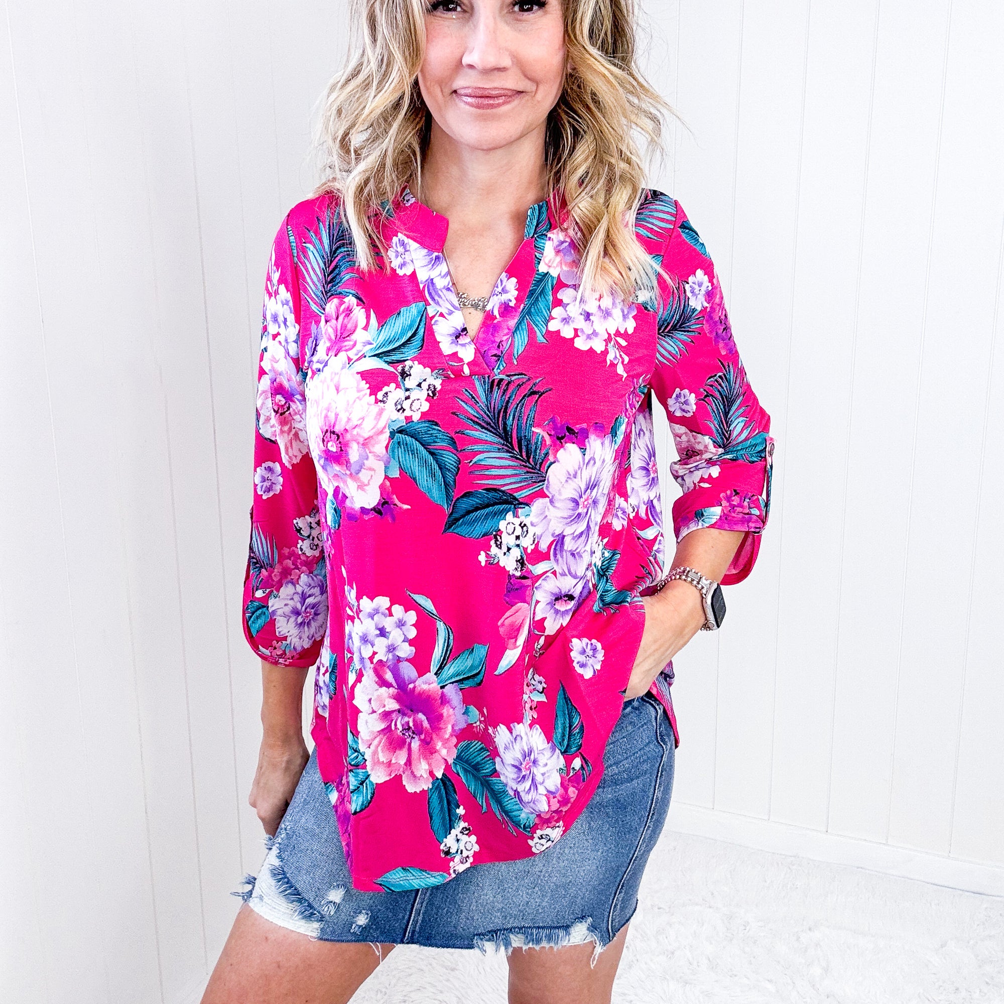 Dear Scarlett Lizzy Top in Magenta and Teal Tropical Floral - Boujee Boutique 