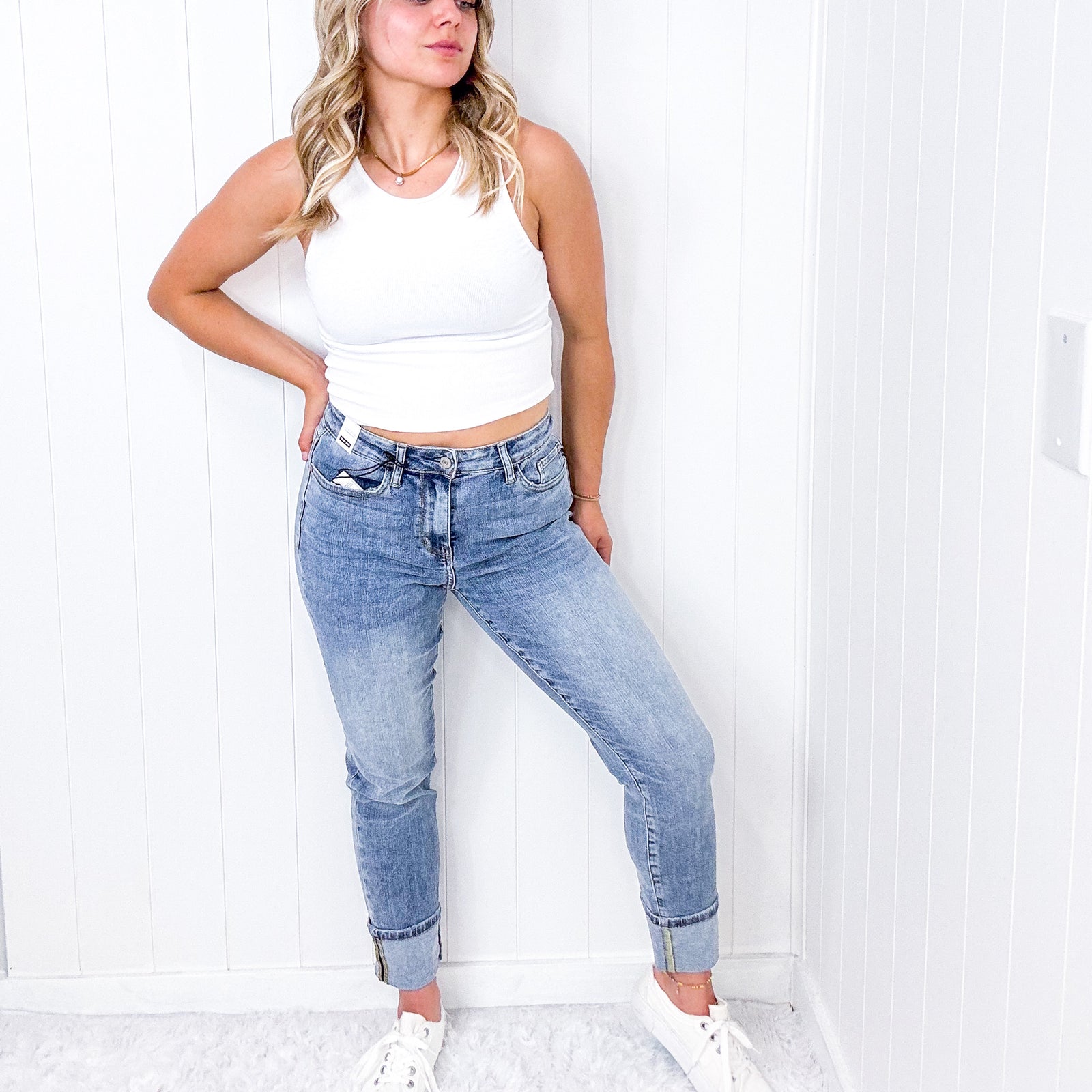Judy Blue Kali Cuffed High Waist Vintage Wash Boyfriend Jeans - Boujee Boutique 