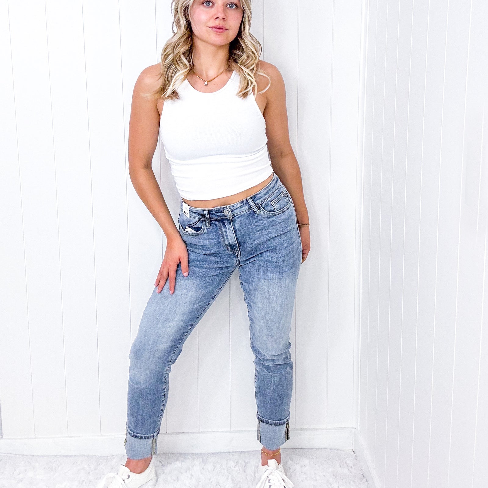 Judy Blue Kali Cuffed High Waist Vintage Wash Boyfriend Jeans - Boujee Boutique 