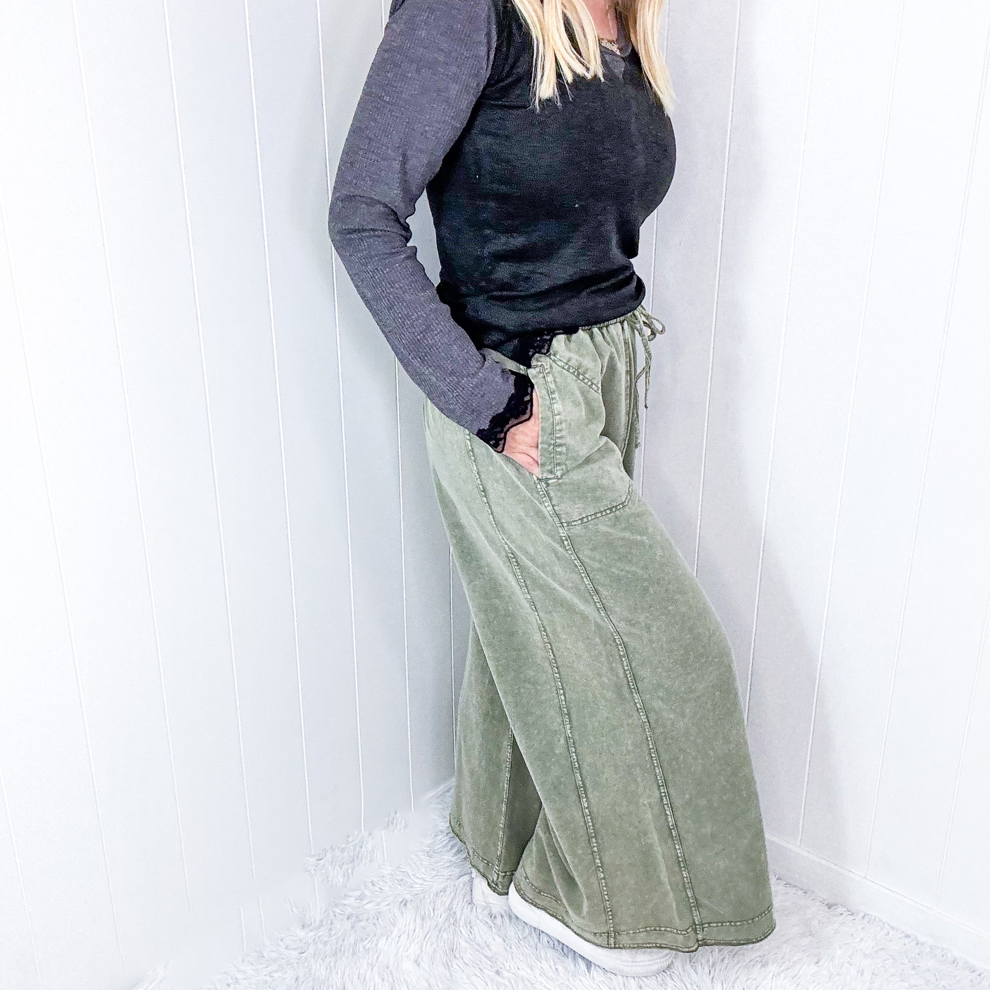 Easy Breeze Mineral Washed Terry Knit Wide Leg Palazzo Pants In 2 Options - Boujee Boutique 