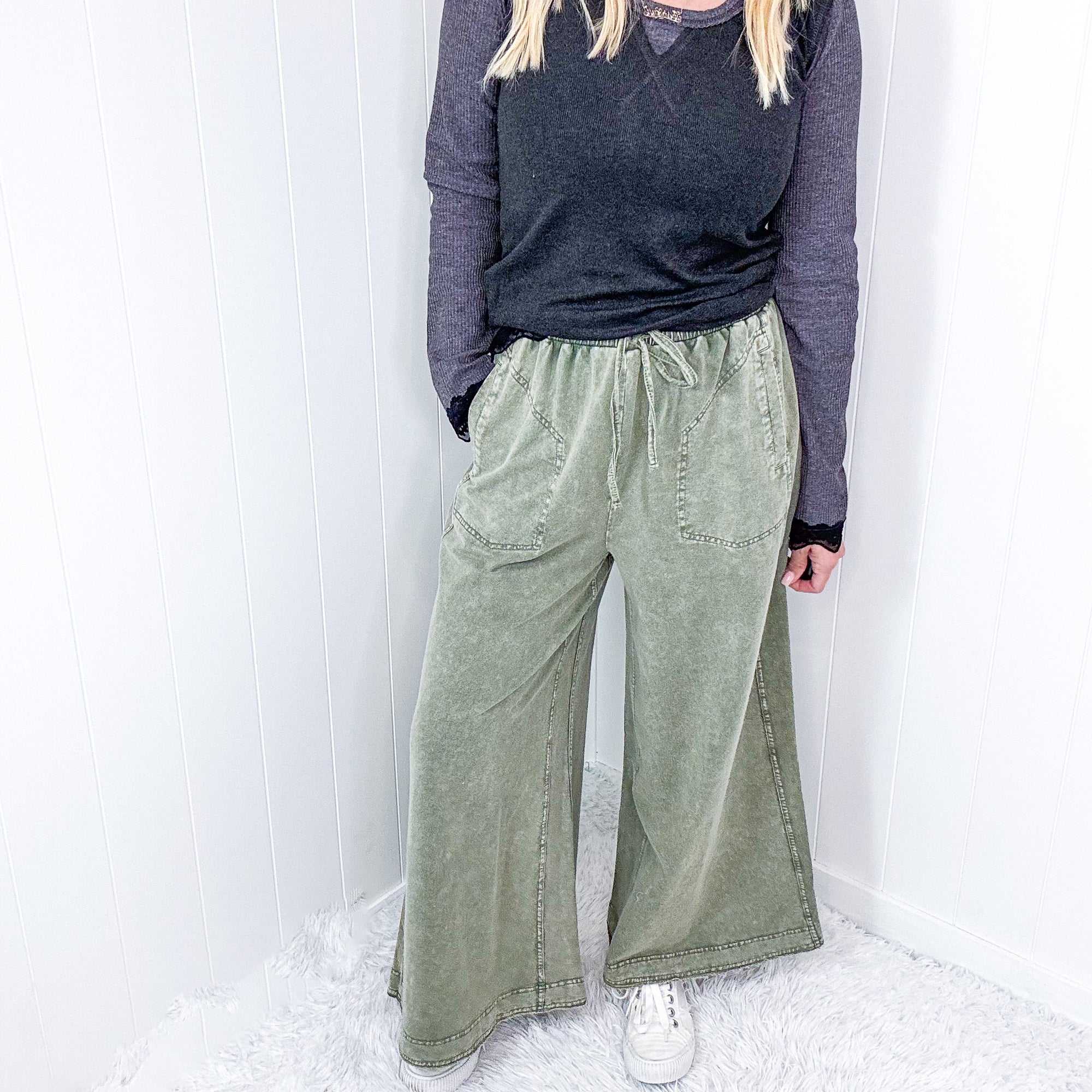 Easy Breeze Mineral Washed Terry Knit Wide Leg Palazzo Pants In 2 Options - Boujee Boutique 