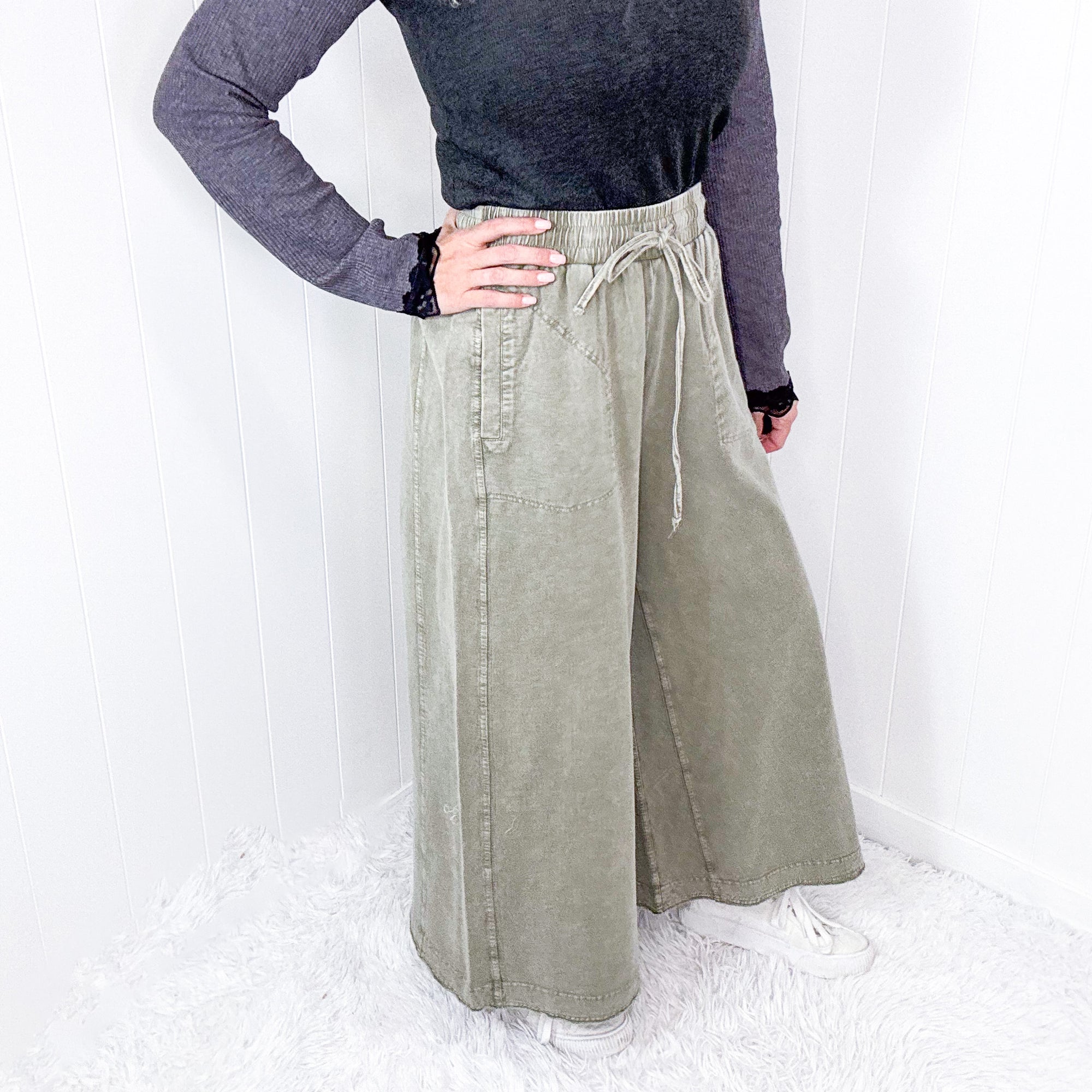 Easy Breeze Mineral Washed Terry Knit Wide Leg Palazzo Pants In 2 Options - Boujee Boutique 