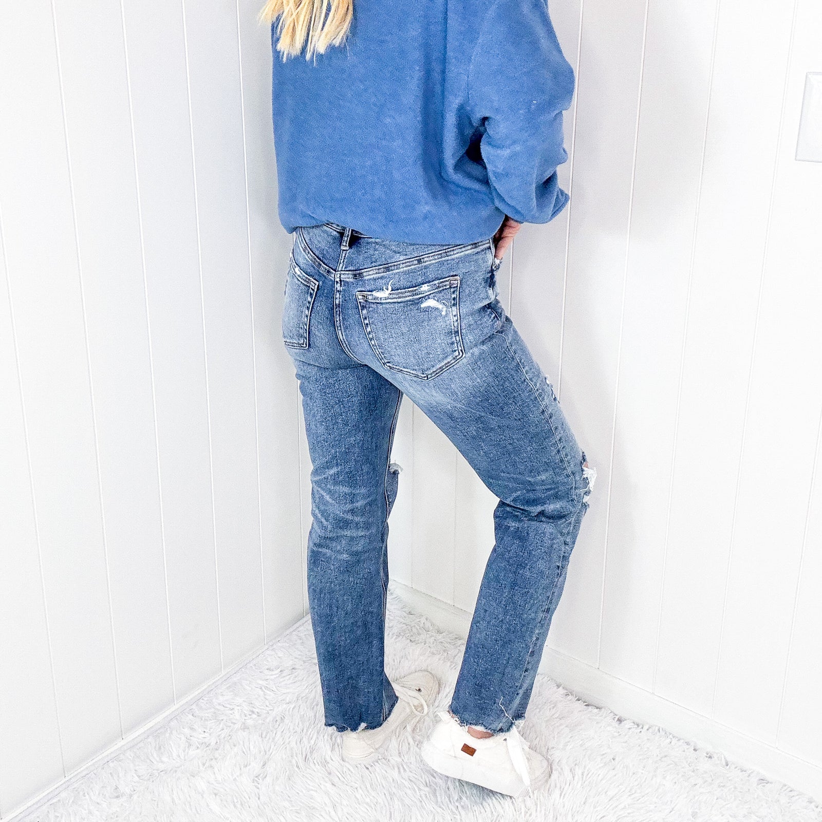 Mica Denim Button Up High Rise Straight Leg Distressed Jeans In Medium Blue - Boujee Boutique 