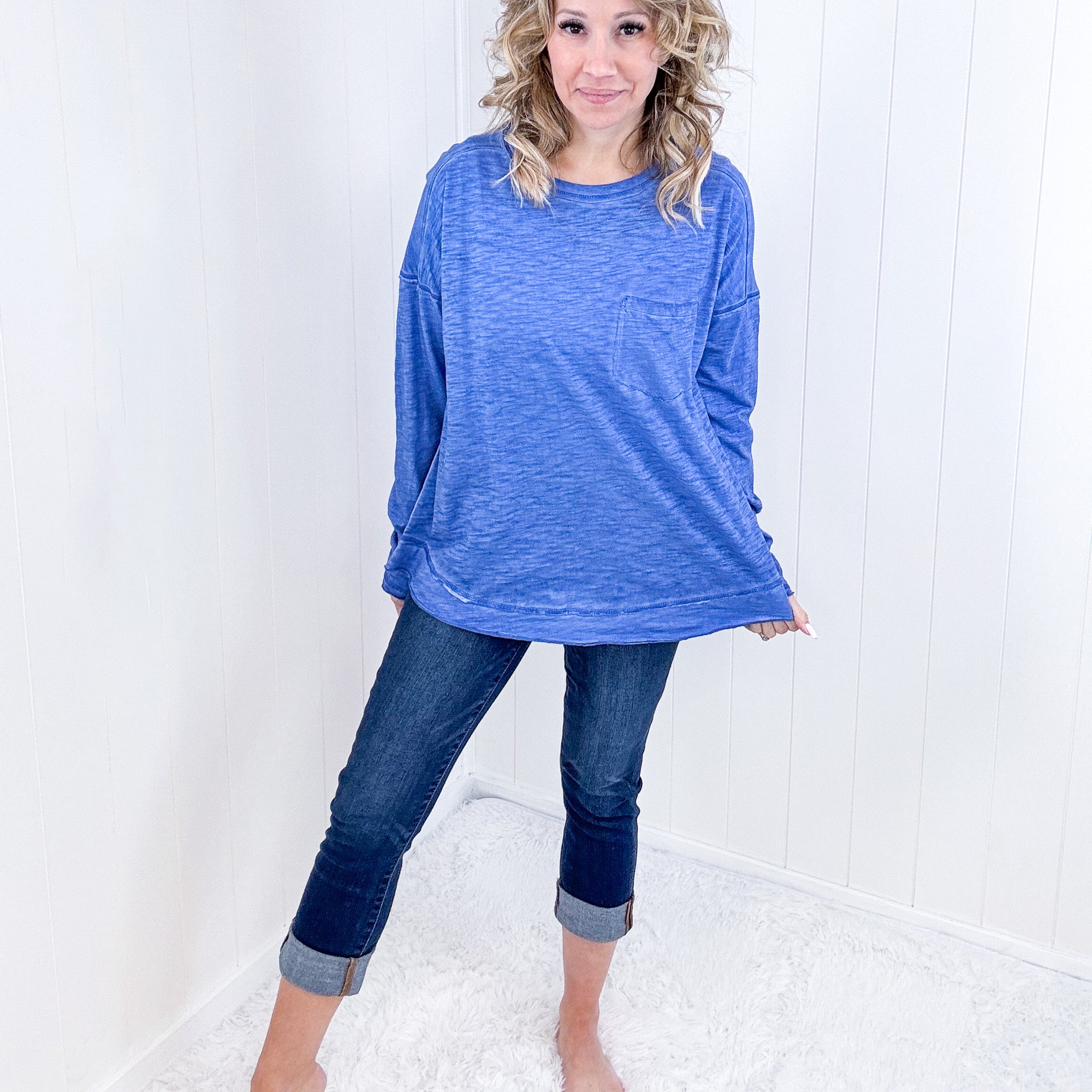 Washed Blue Gently Down the Stream Long Sleeve Top - Boujee Boutique 