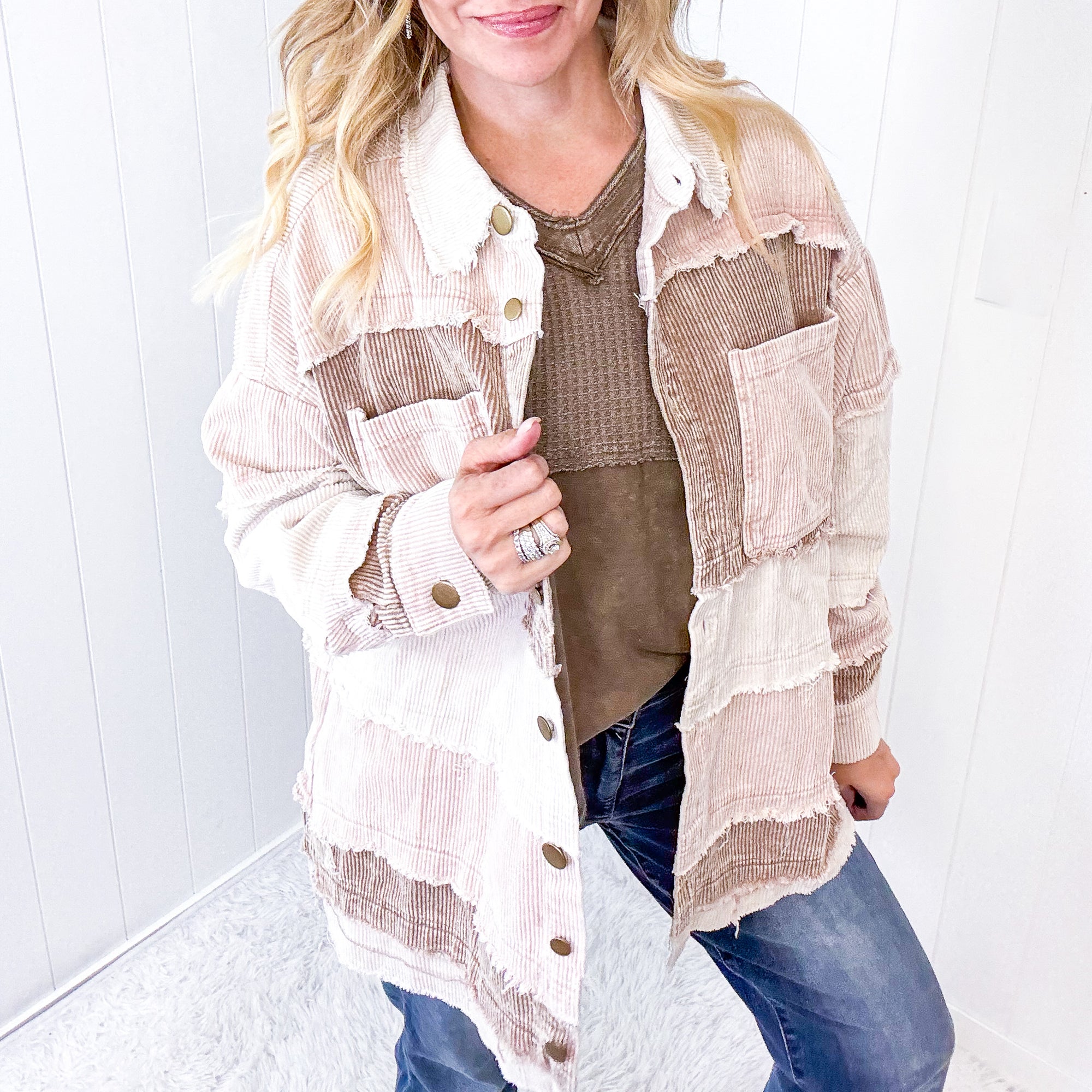 Set Me Free Mineral Washed Corduroy Color Block Jacket In Mauve *Final Sale*