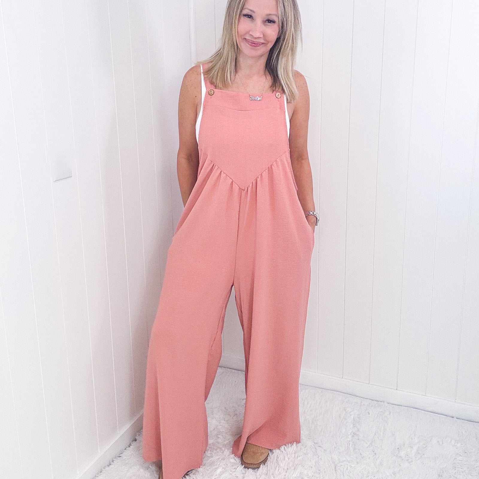 Move On Over Coral Wide Leg Suspender Overall Jumpsuit - Boujee Boutique 