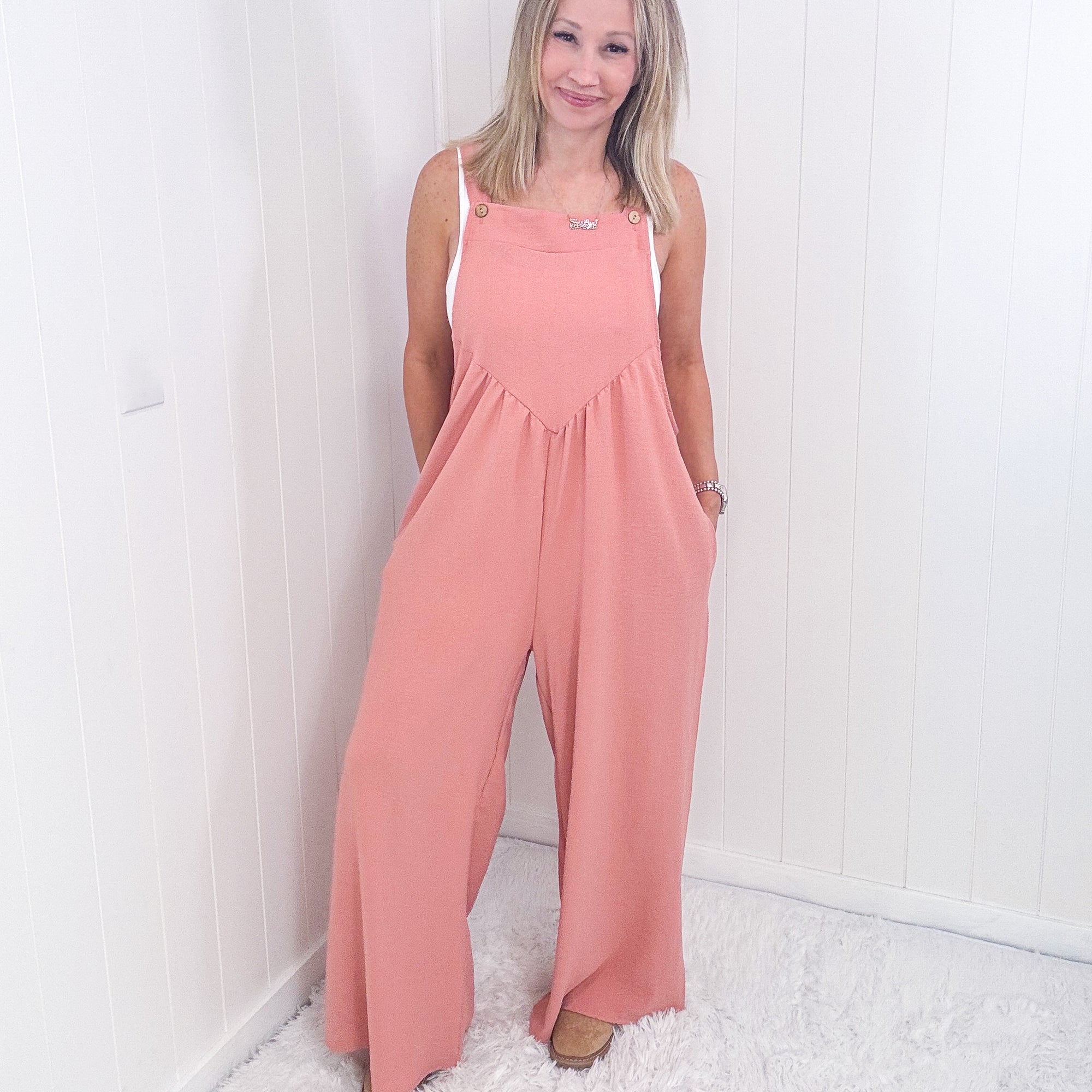 Move On Over Coral Wide Leg Suspender Overall Jumpsuit - Boujee Boutique 