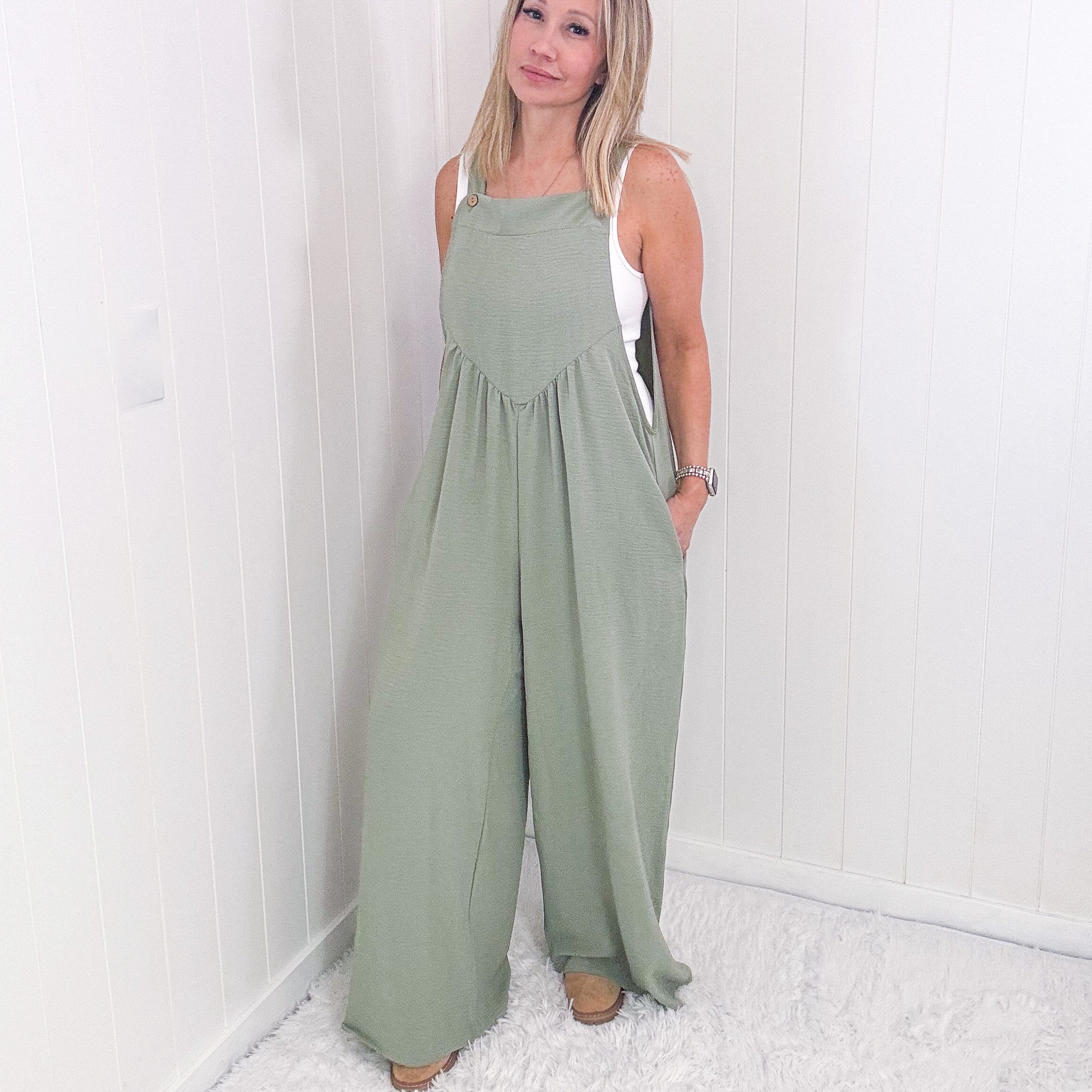 Move On Over Sage Wide Leg Suspender Overall Jumpsuit - Boujee Boutique 