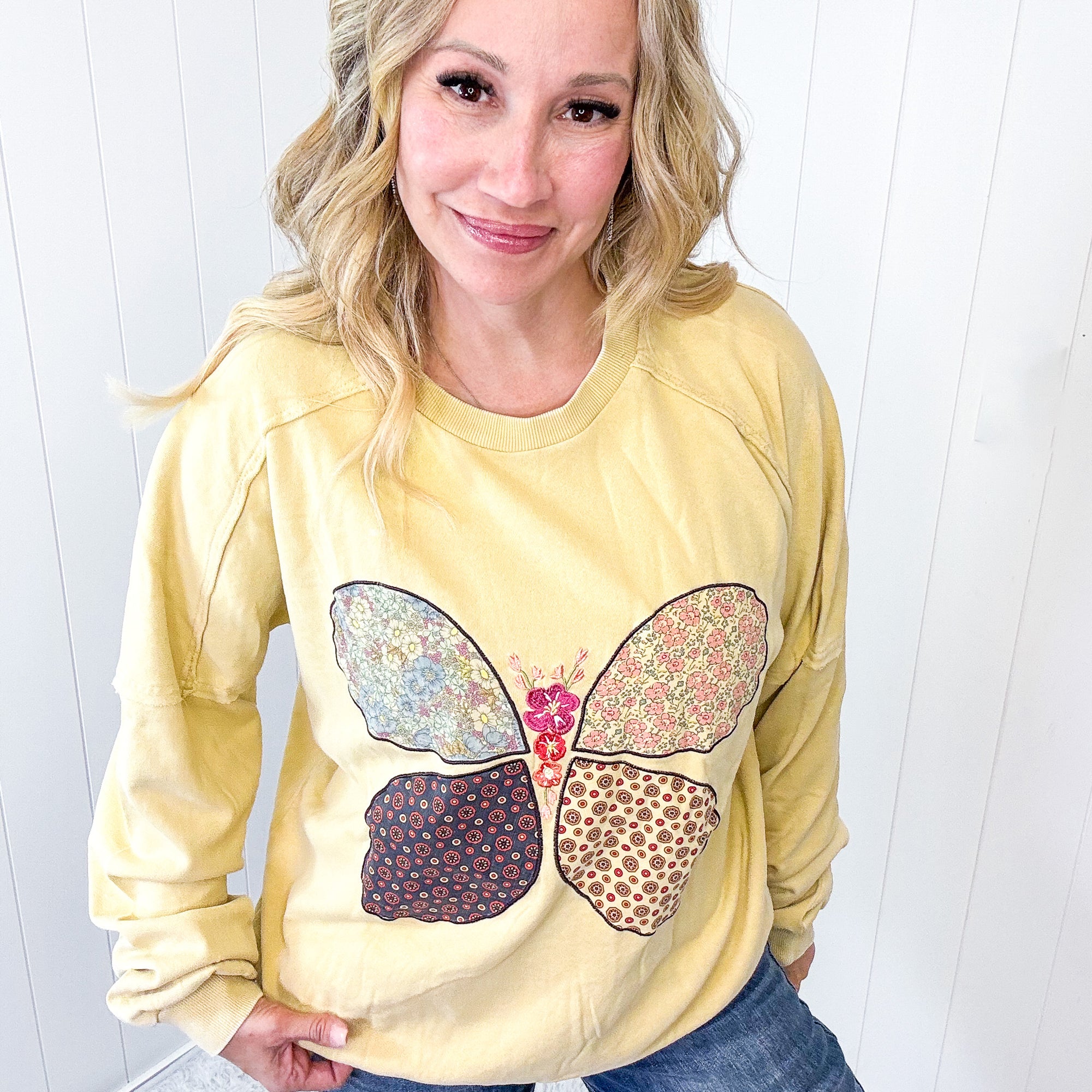 Boho Butterfly Patch and Embroidered Long Sleeve Knit Top In 3 Options