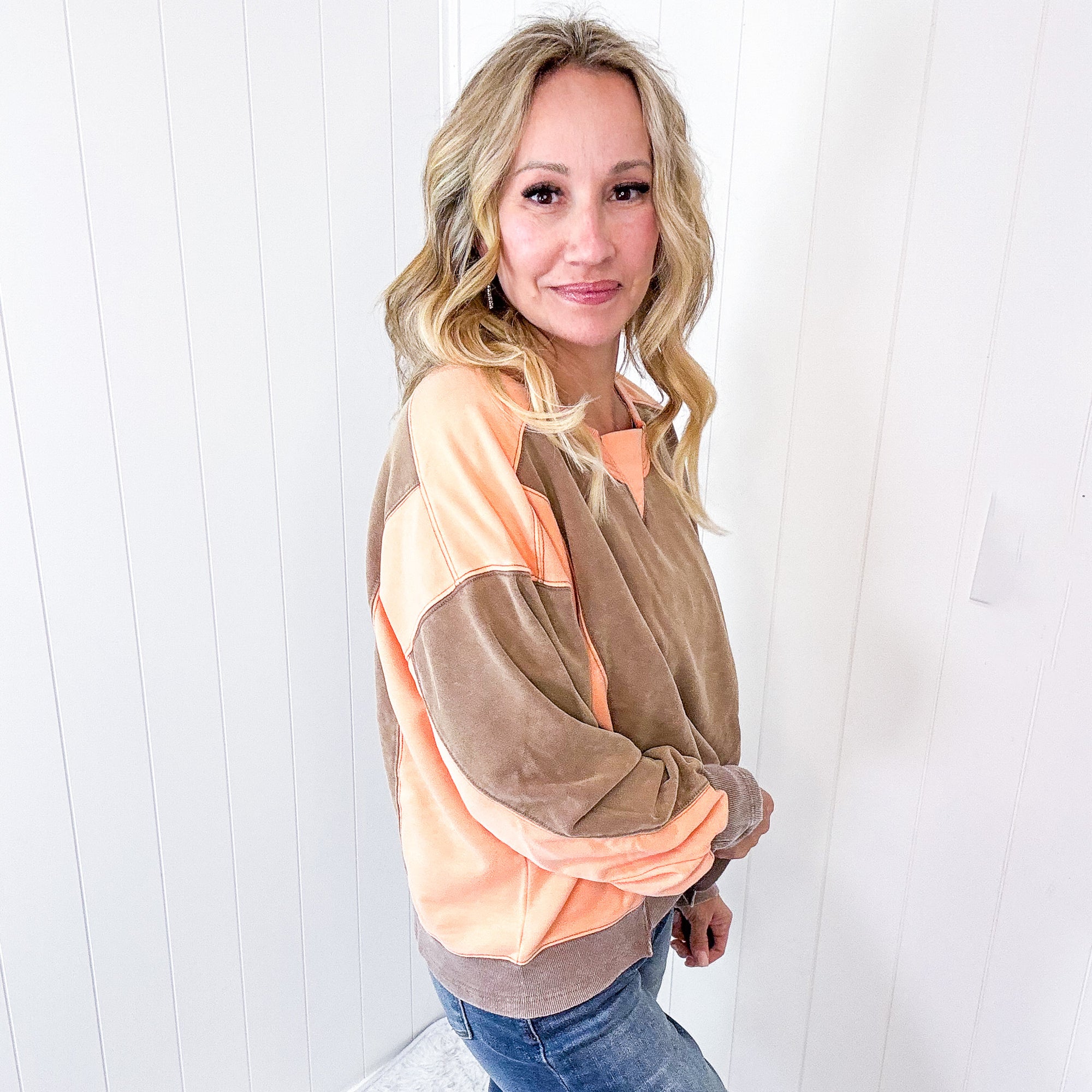 Tell A Story Color Block Washed Terry Long Sleeve Pullover In 2 Options *Final Sale*