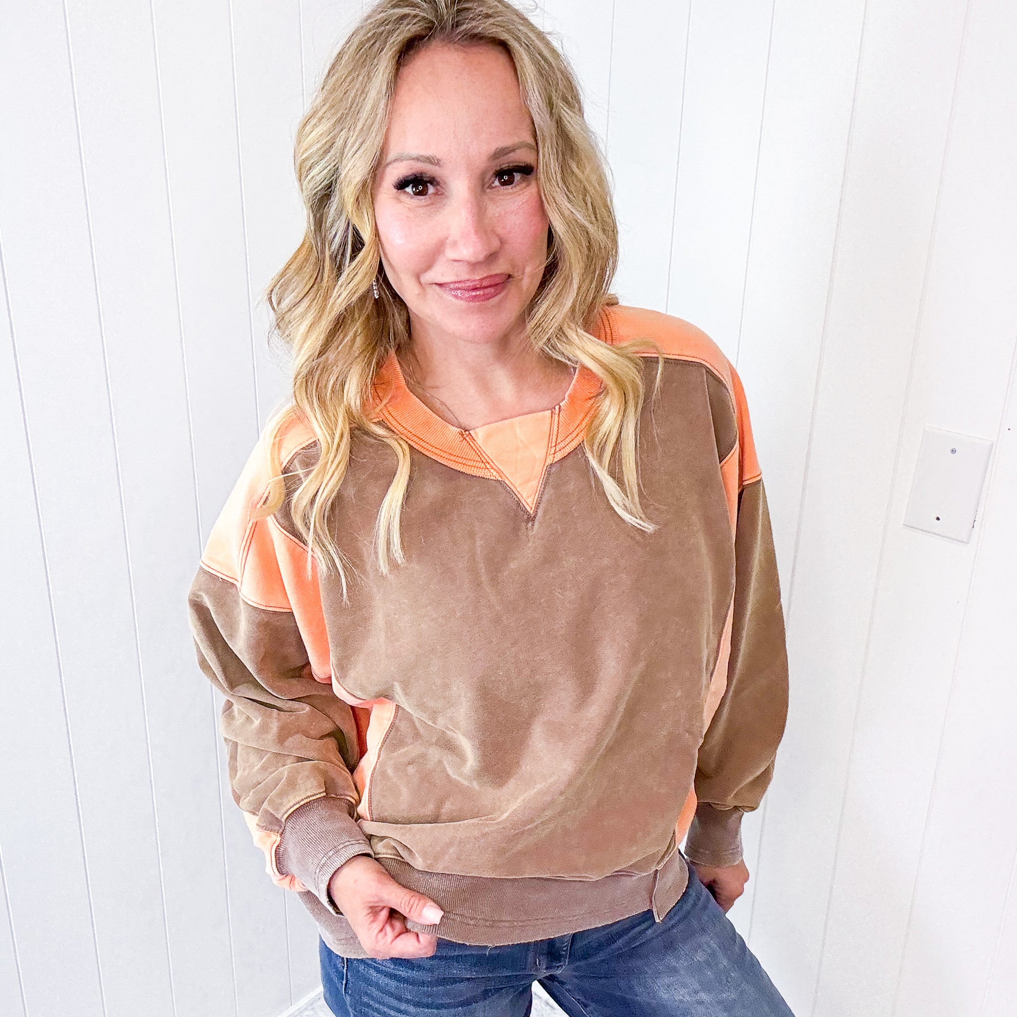Tell A Story Color Block Washed Terry Long Sleeve Pullover In 2 Options *Final Sale*